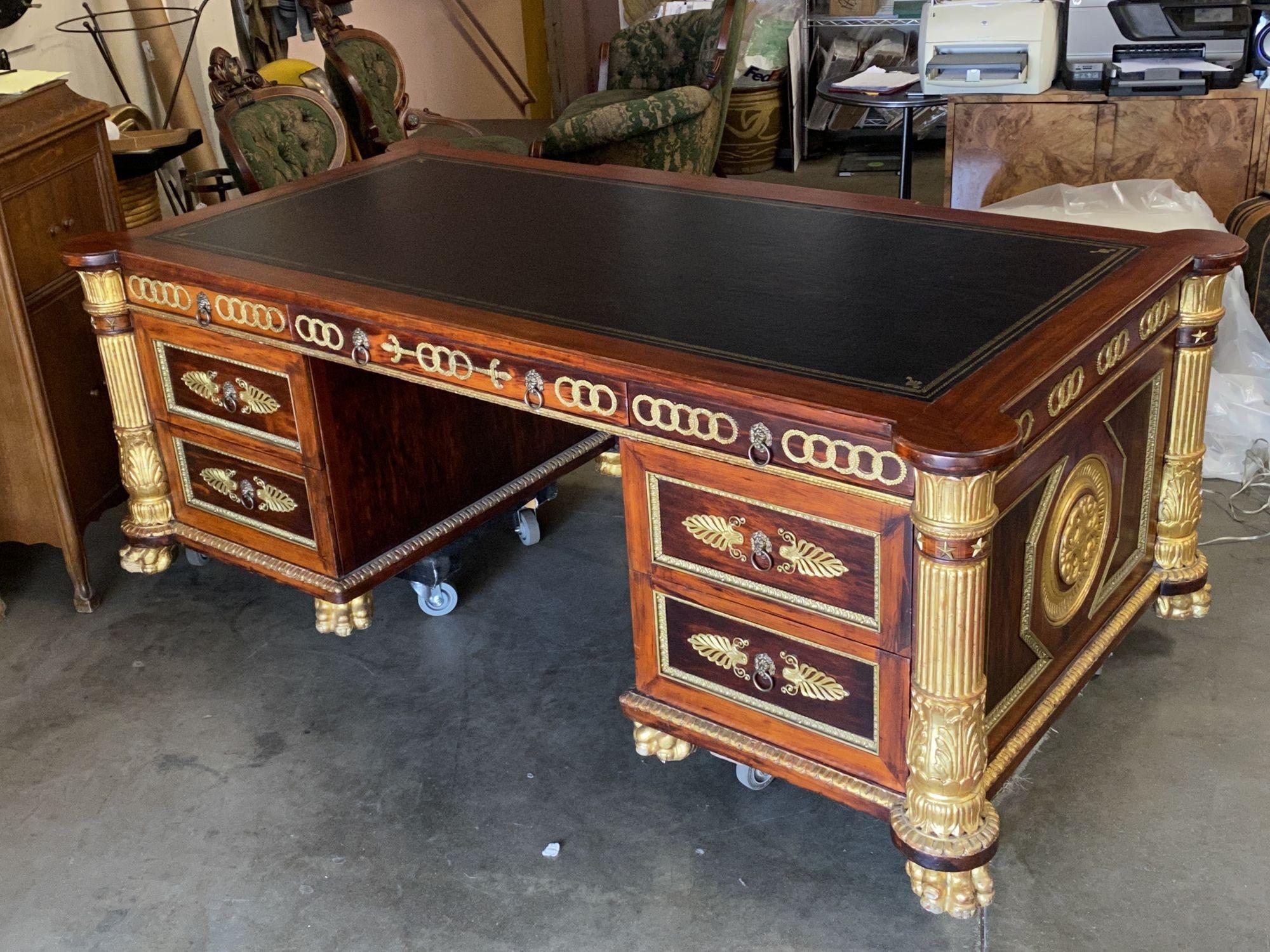 Monument French Neoclassic Style Ormolu Mounted Mahogany Desk In Excellent Condition In Van Nuys, CA