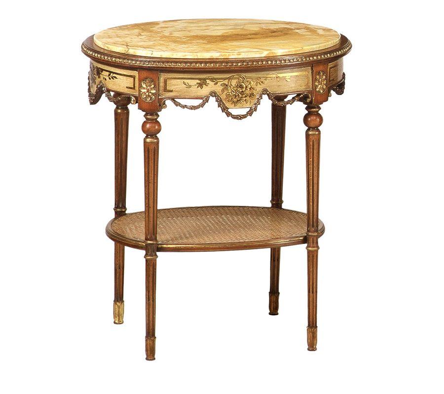 Ornate details mark this oval side table, a flawless reproduction of an original French Neoclassic design that dates back to circa 1750-1790. Hand-painted sides enriched with golden chinoiserie decors further state their decorative appeal, which is