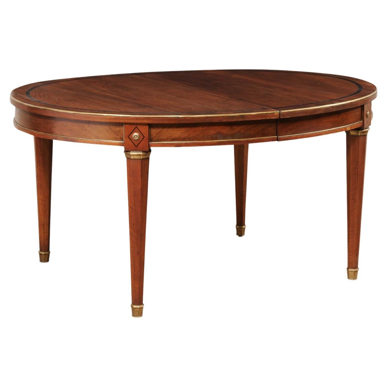 French Neoclassic Style Oval Table with Brass Trim & Accents '1 Leaf Extension' For Sale