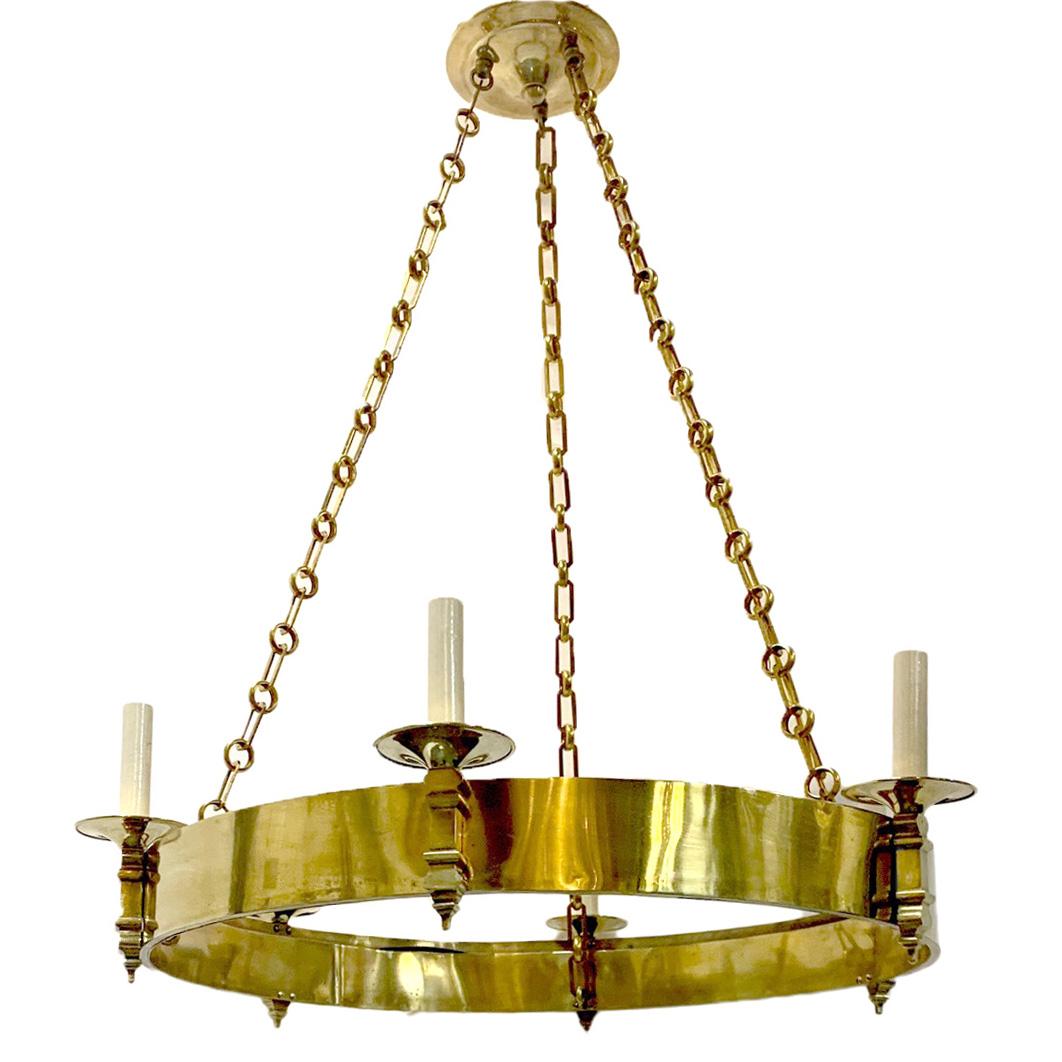 A French circa 1940s gilt bronze ring six-light chandelier with original patina.

Measurements:
Drop 33.5