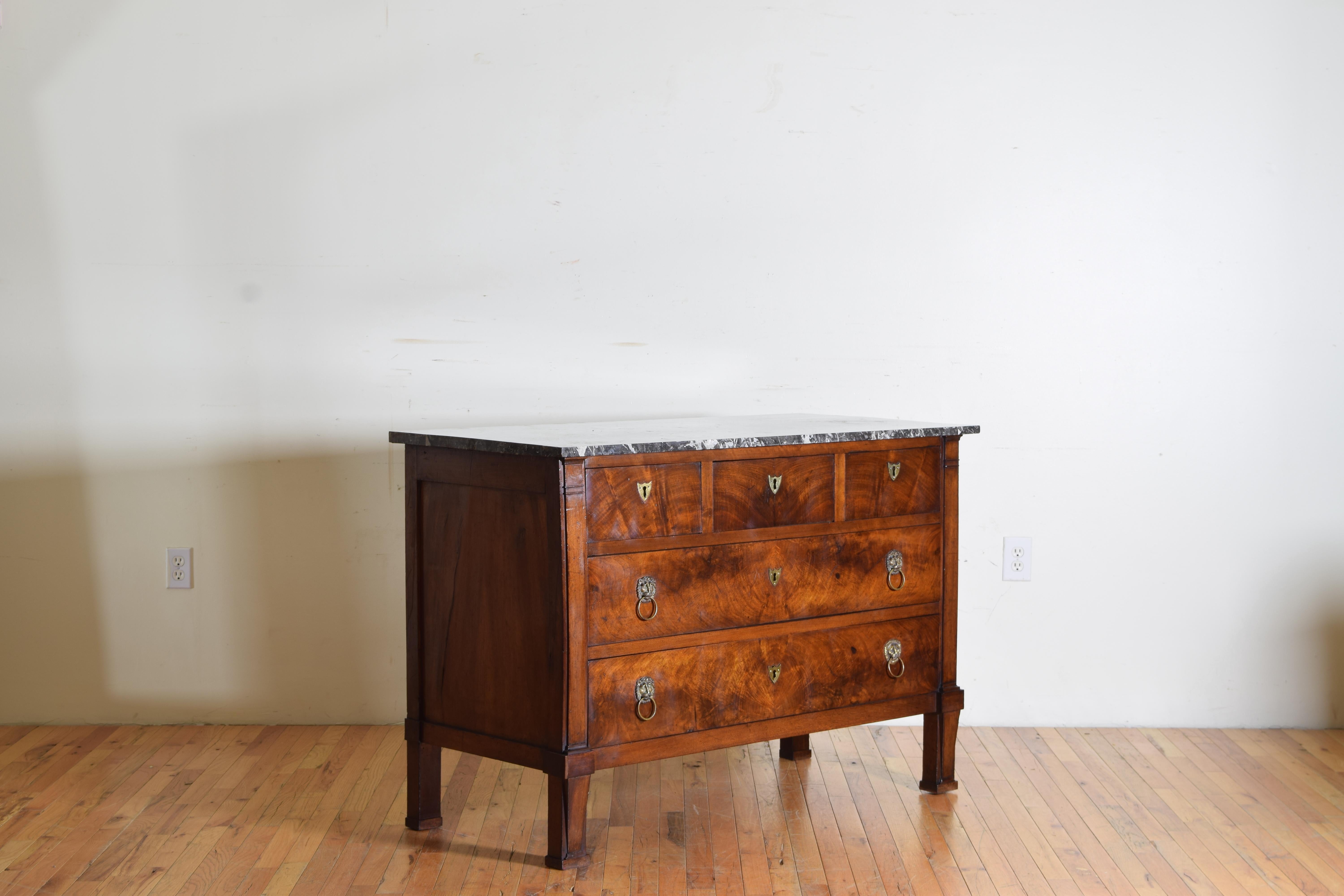 Neoclassical French Neoclassic Walnut and Marble Top 5-Drawer Commode, 2ndq 19th Century
