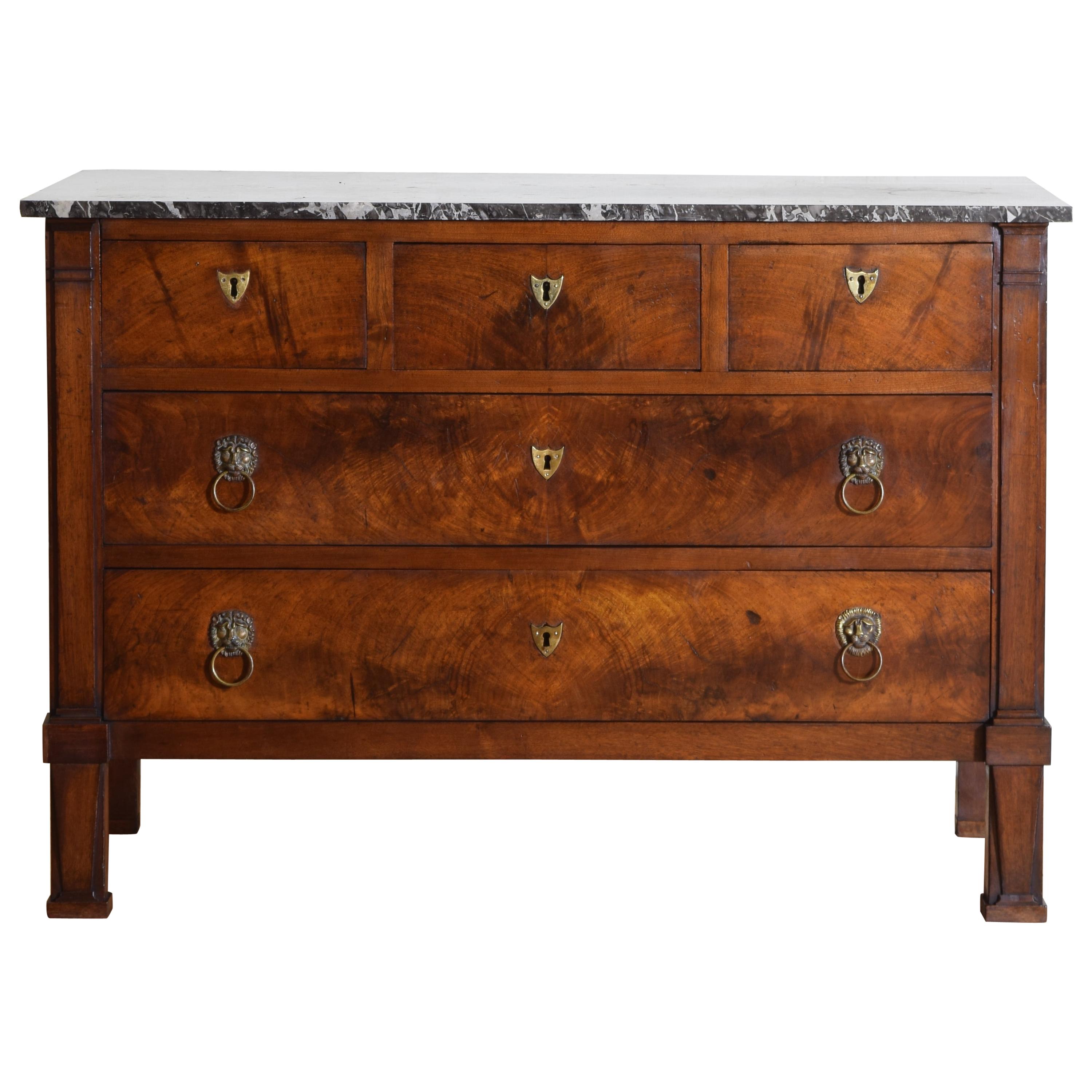 French Neoclassic Walnut and Marble Top 5-Drawer Commode, 2ndq 19th Century