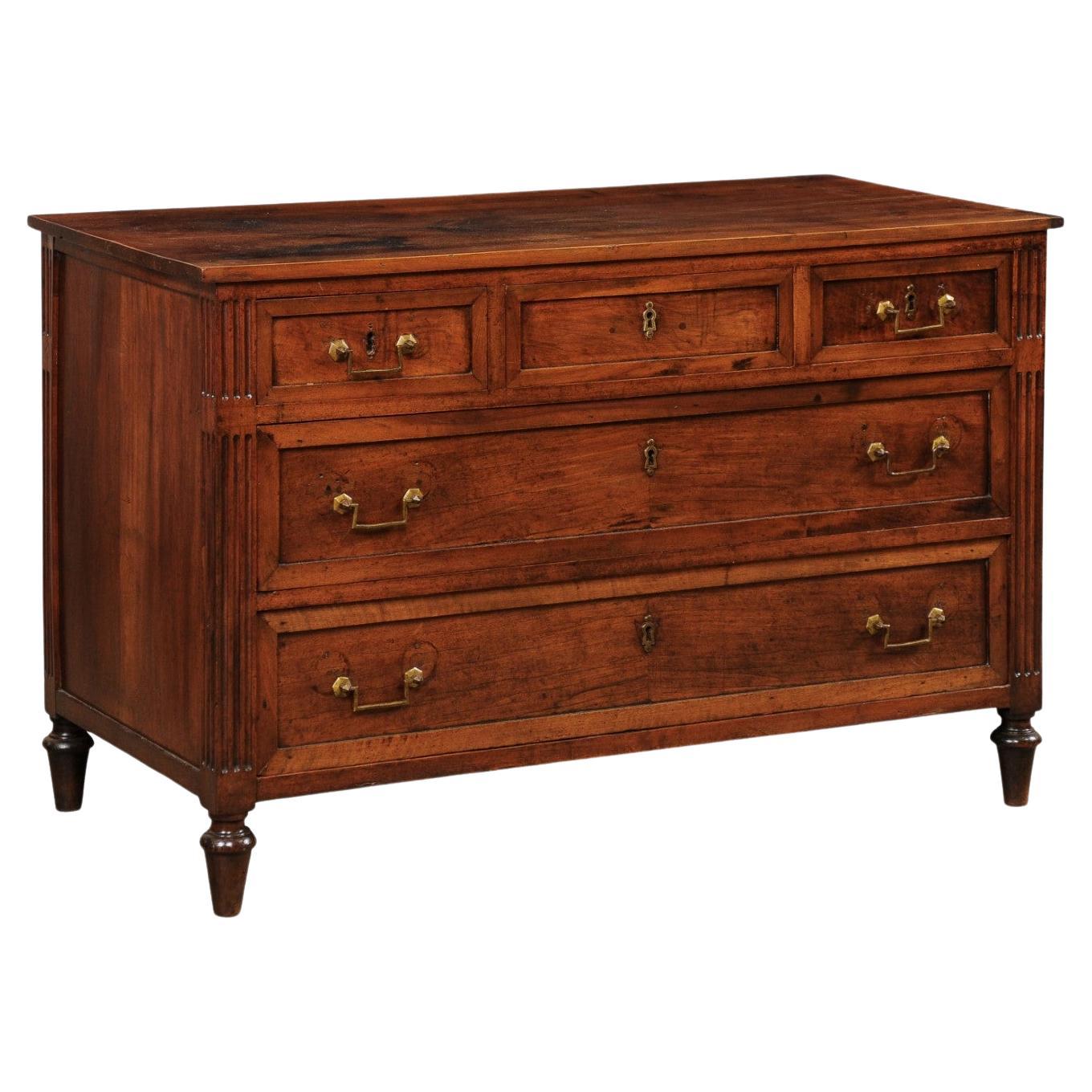 French Neoclassic Walnut Commode with Brass Hardware, Mid 19th C.