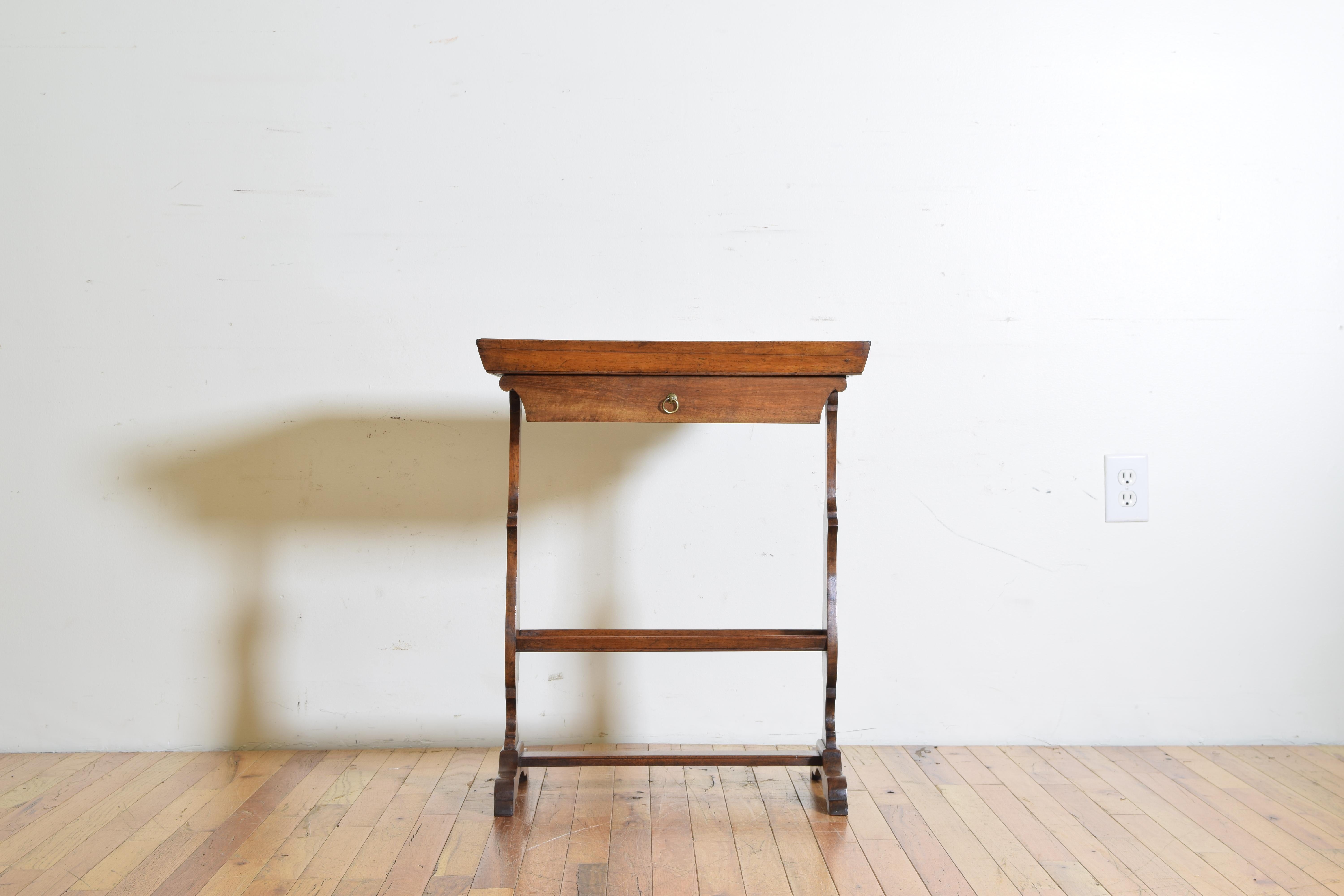 French Neoclassic Walnut Tray Top 1-Drawer Trestle Table In Good Condition In Atlanta, GA