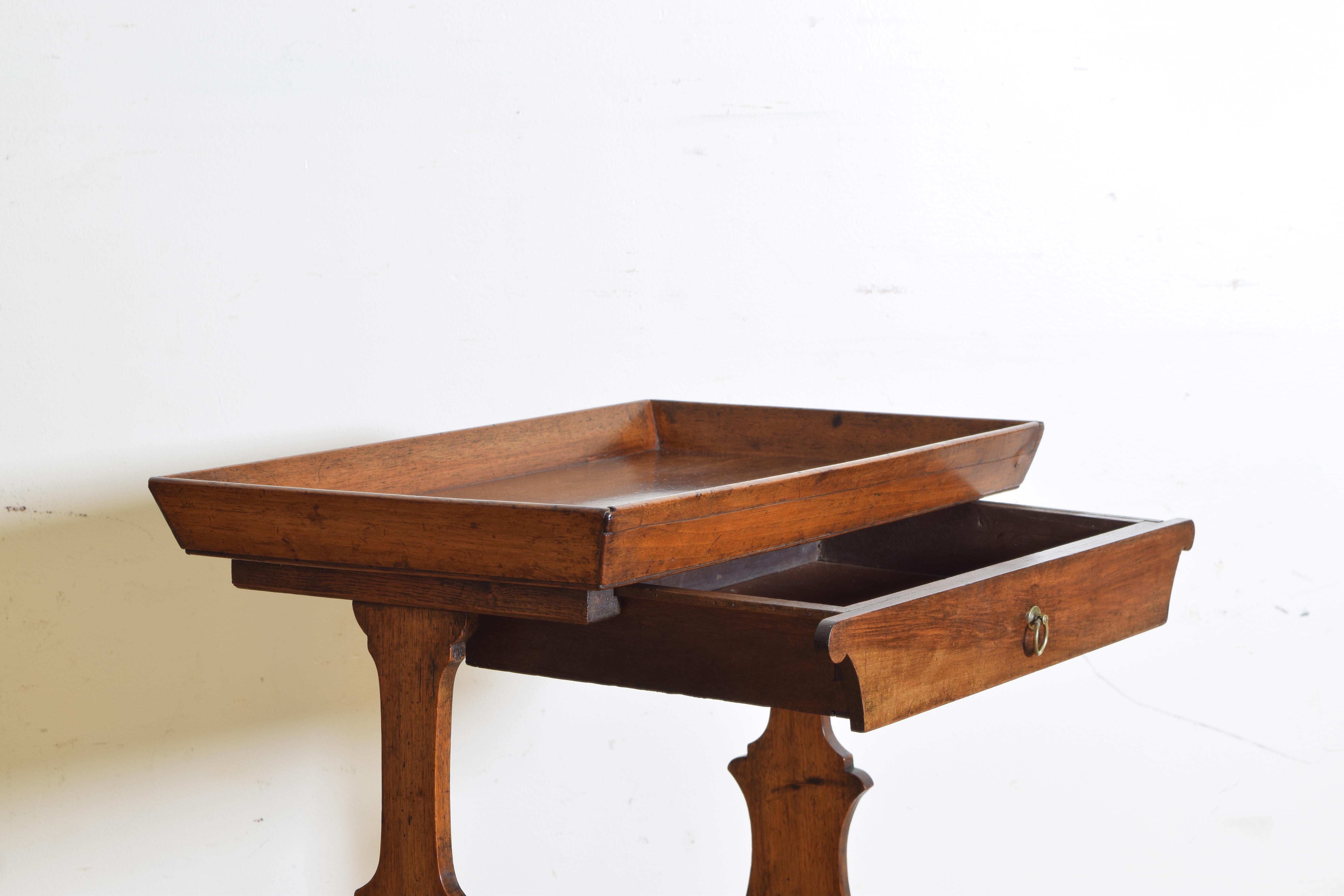 French Neoclassic Walnut Tray Top 1-Drawer Trestle Table 1