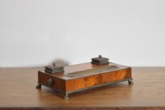 French Neoclassic Walnut Veneer & Brass Inkwell, 2nd quarter 19th century