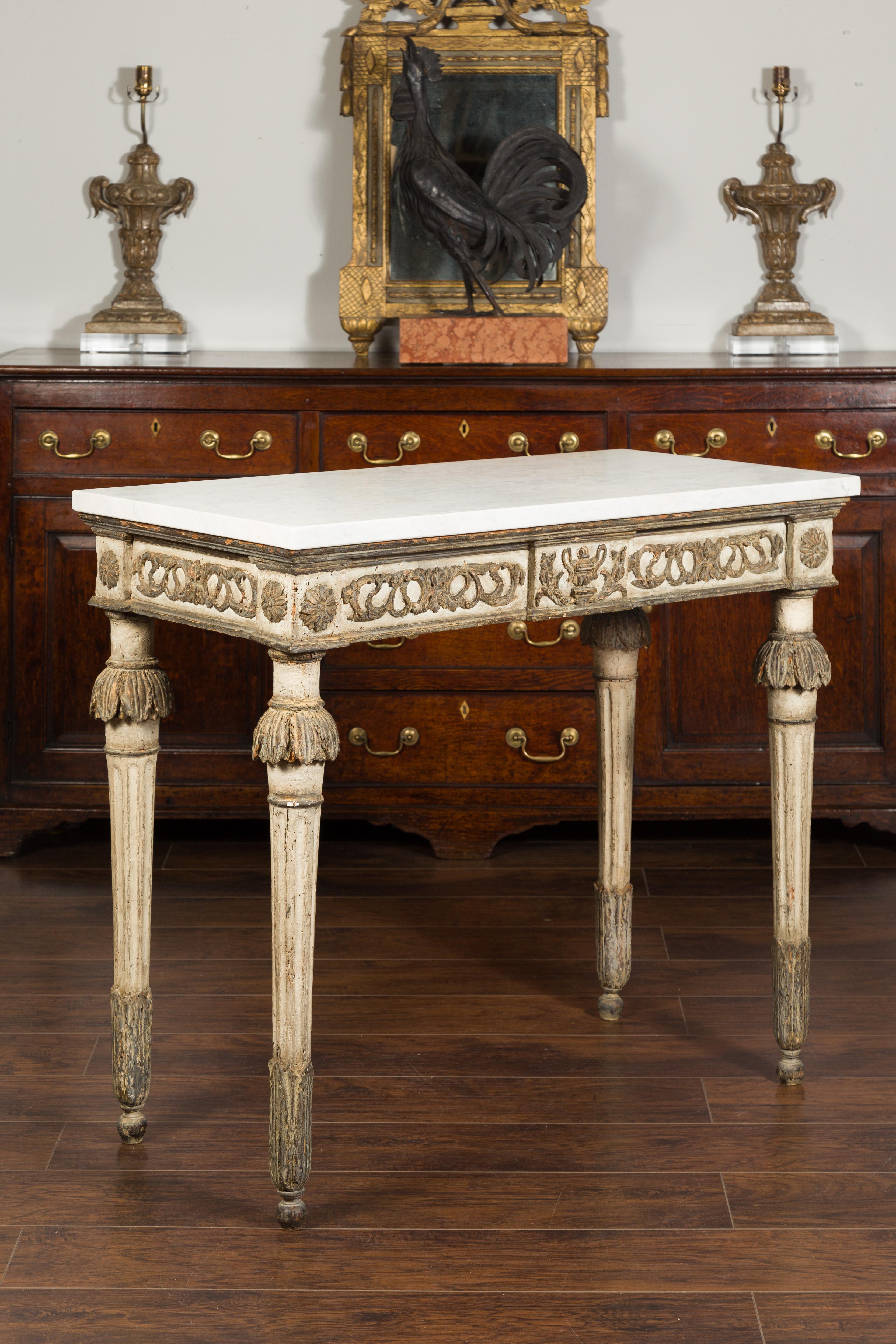 French Neoclassical 1800s Painted and Carved Console Table with White Marble Top 4