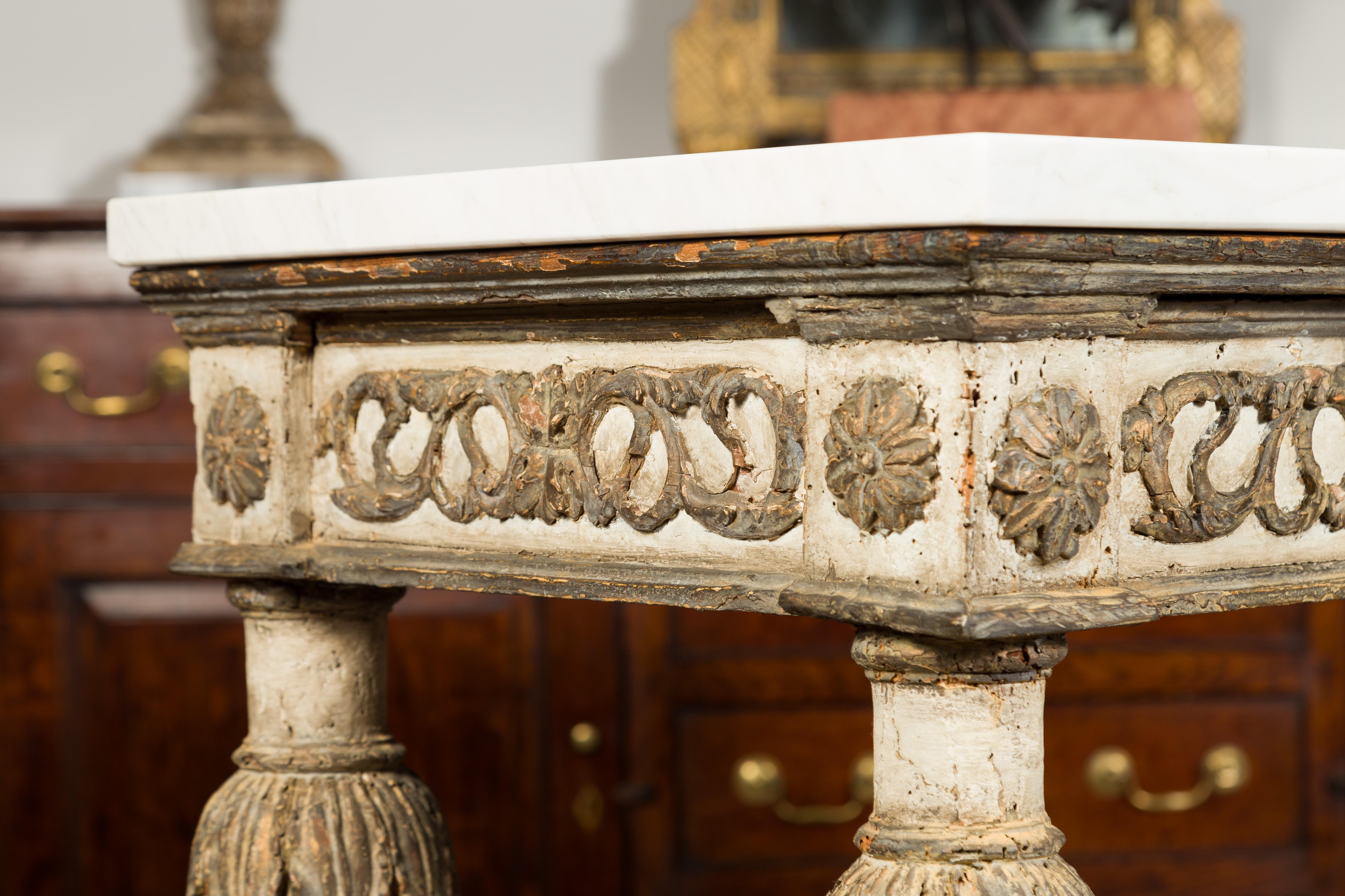 French Neoclassical 1800s Painted and Carved Console Table with White Marble Top 5