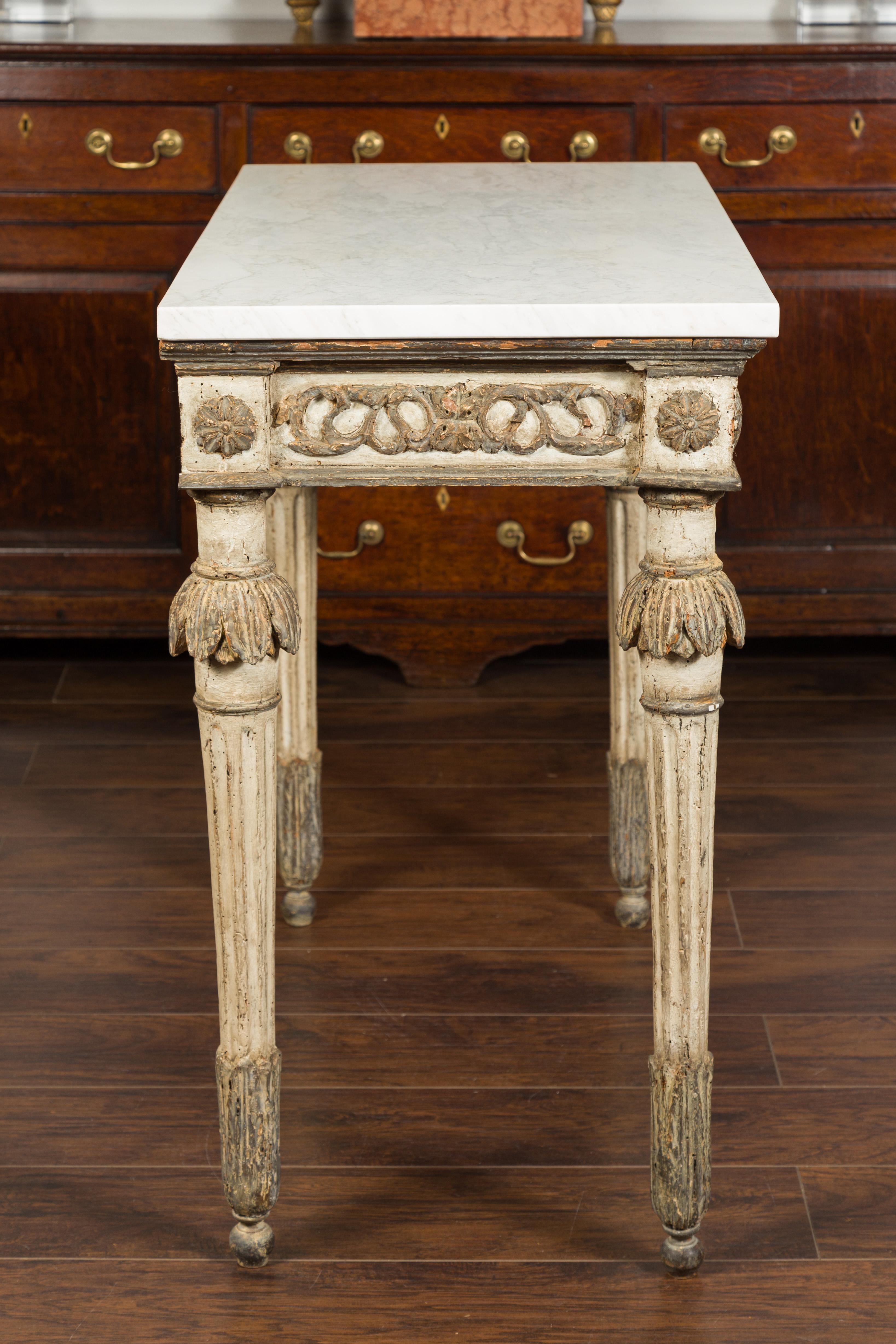 French Neoclassical 1800s Painted and Carved Console Table with White Marble Top 6