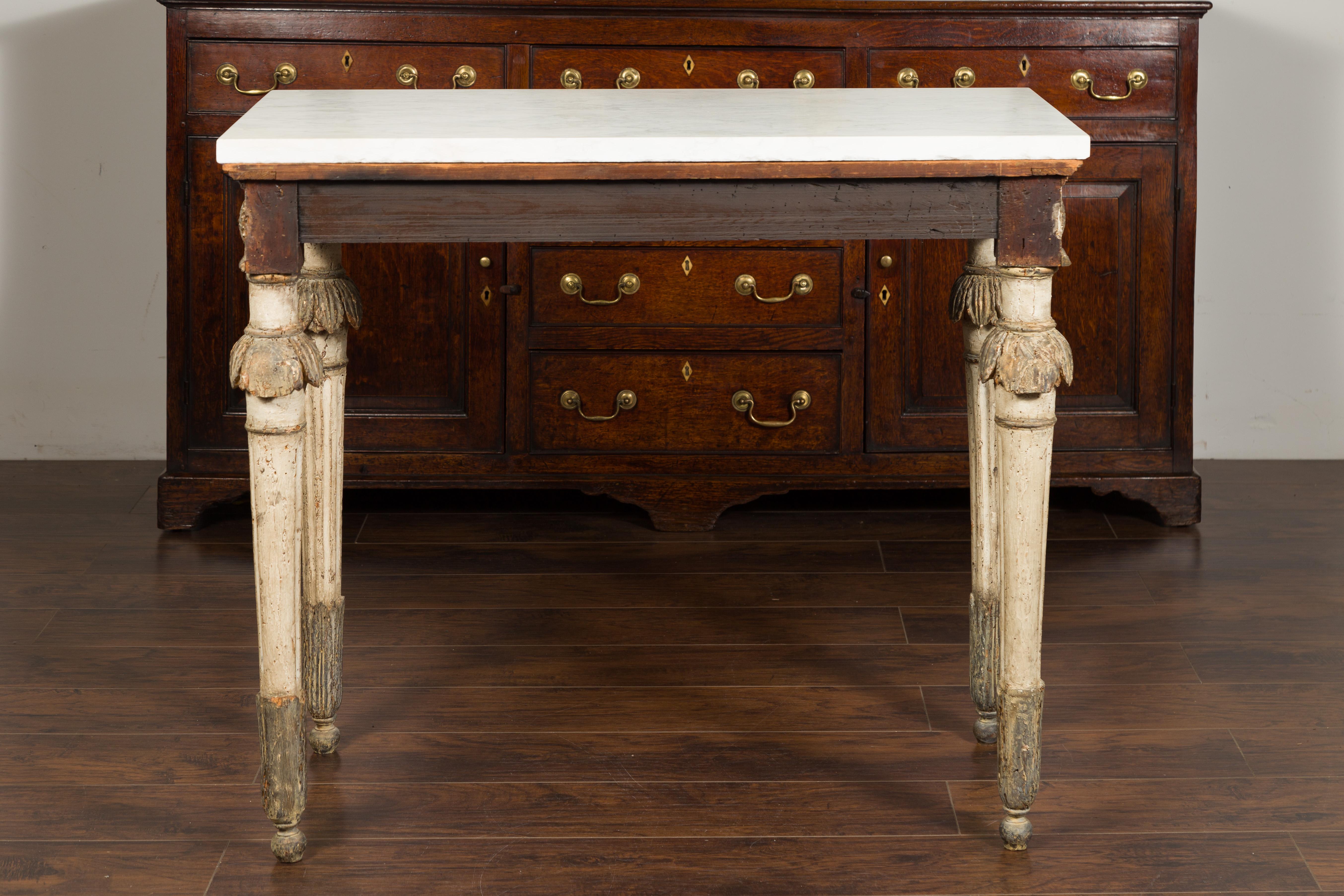 French Neoclassical 1800s Painted and Carved Console Table with White Marble Top 9