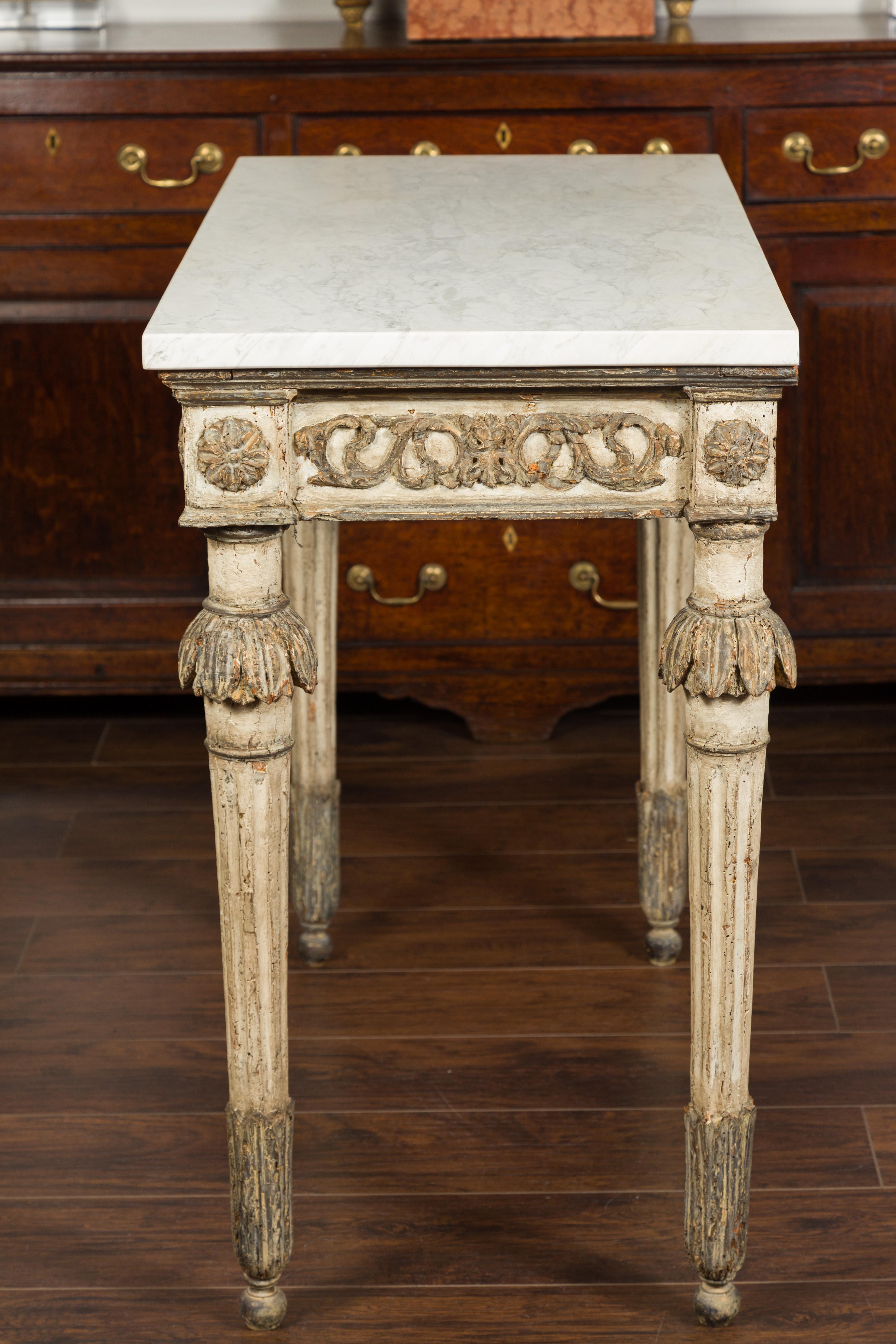 French Neoclassical 1800s Painted and Carved Console Table with White Marble Top 10