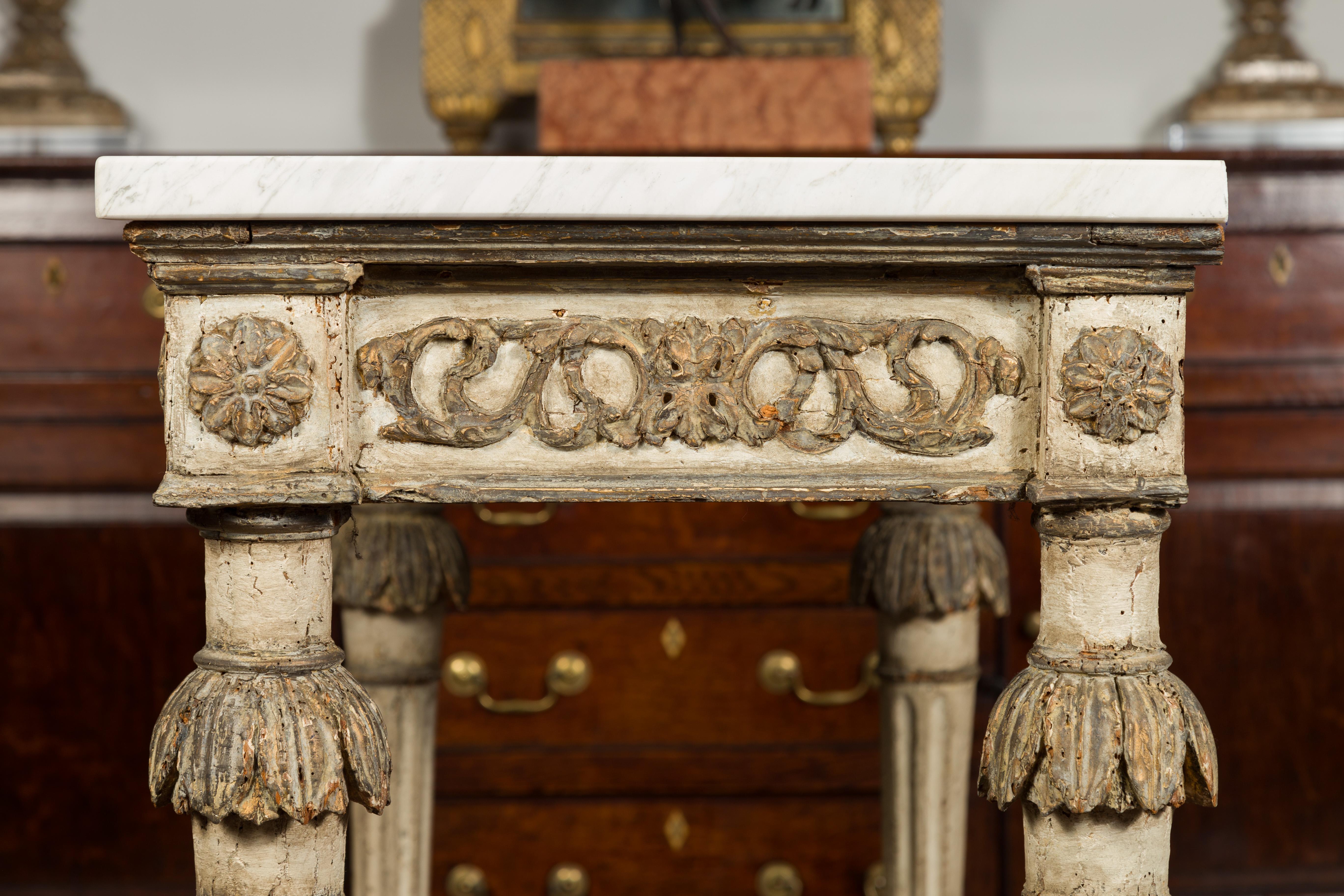 French Neoclassical 1800s Painted and Carved Console Table with White Marble Top 11