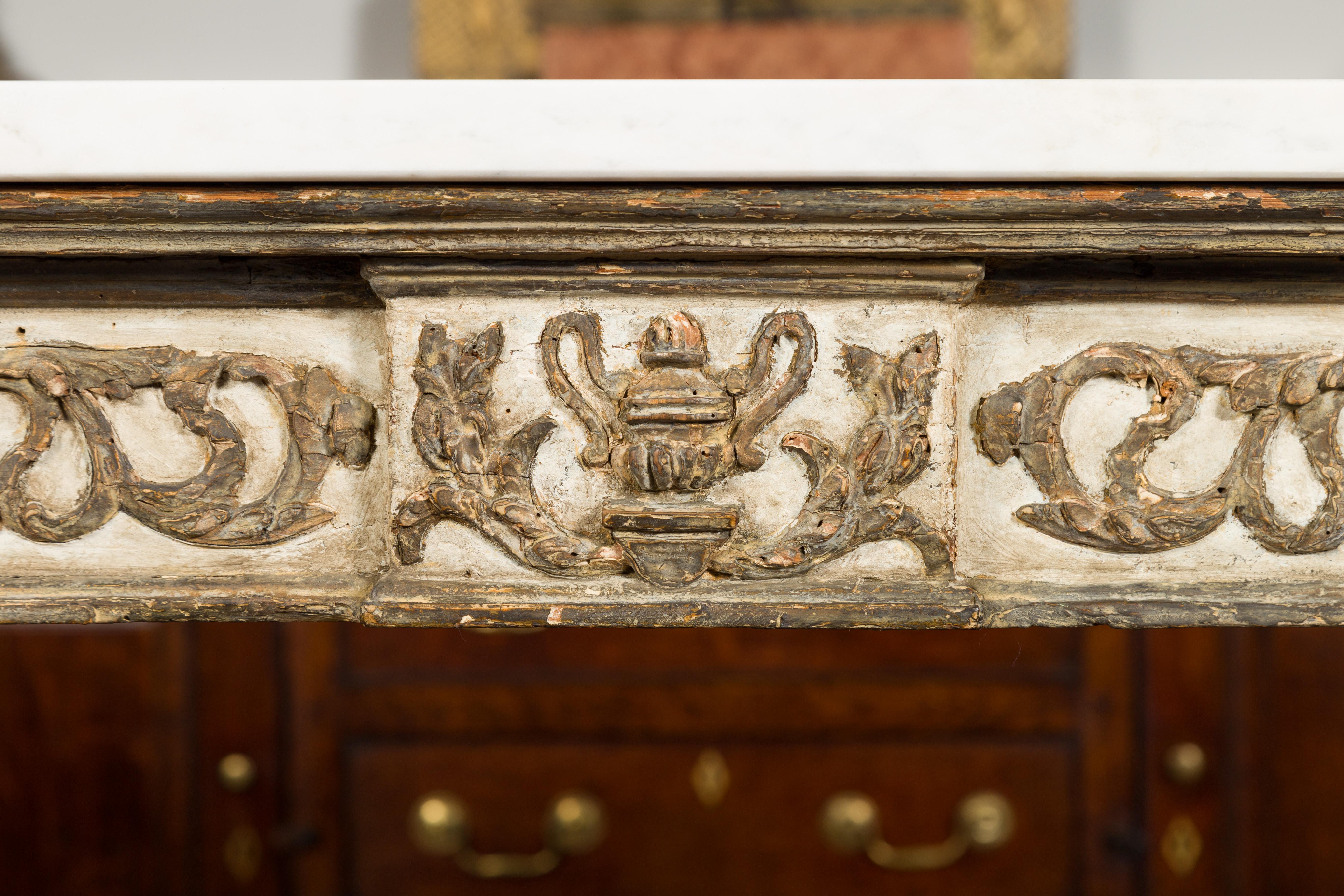 French Neoclassical 1800s Painted and Carved Console Table with White Marble Top In Good Condition In Atlanta, GA