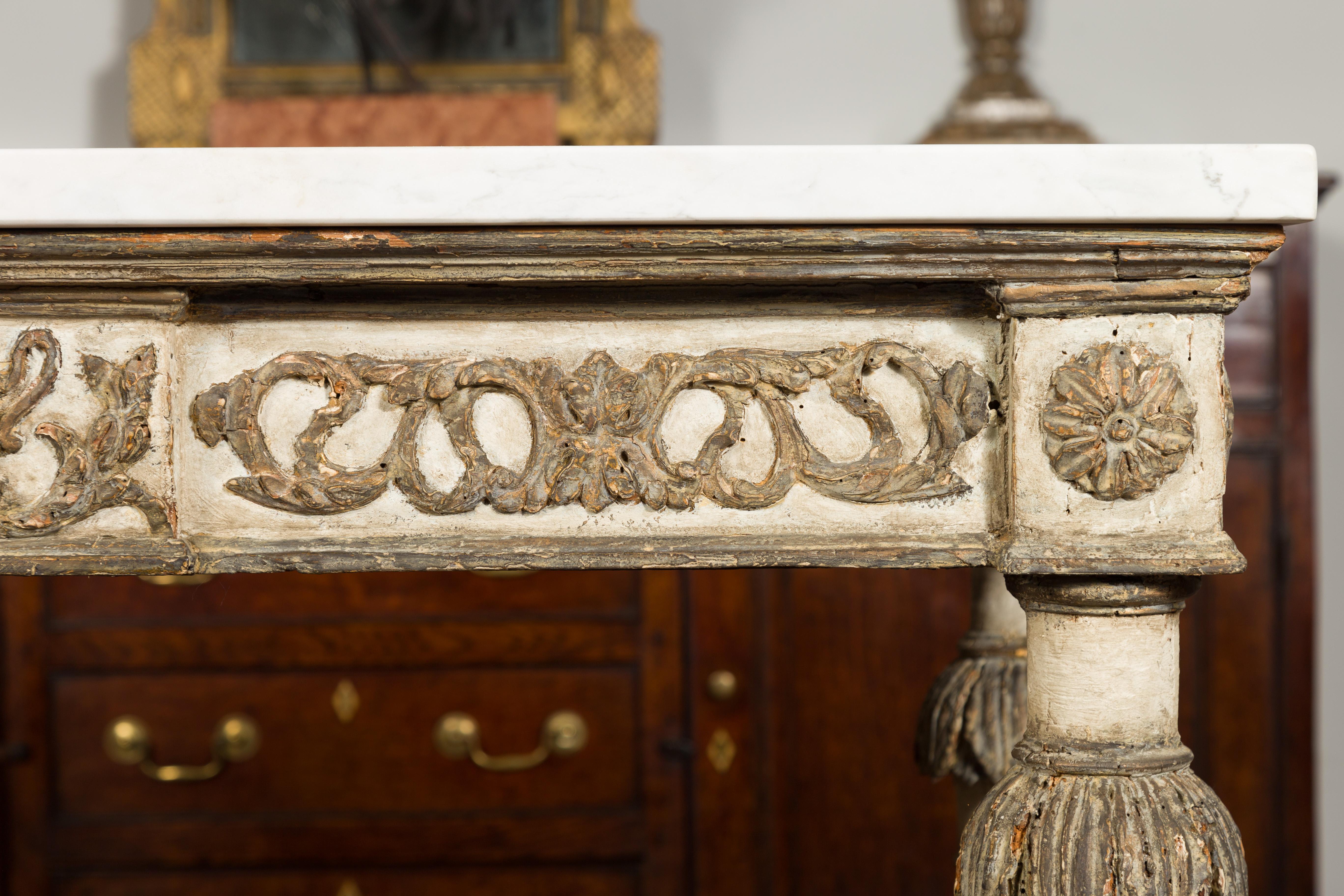 19th Century French Neoclassical 1800s Painted and Carved Console Table with White Marble Top