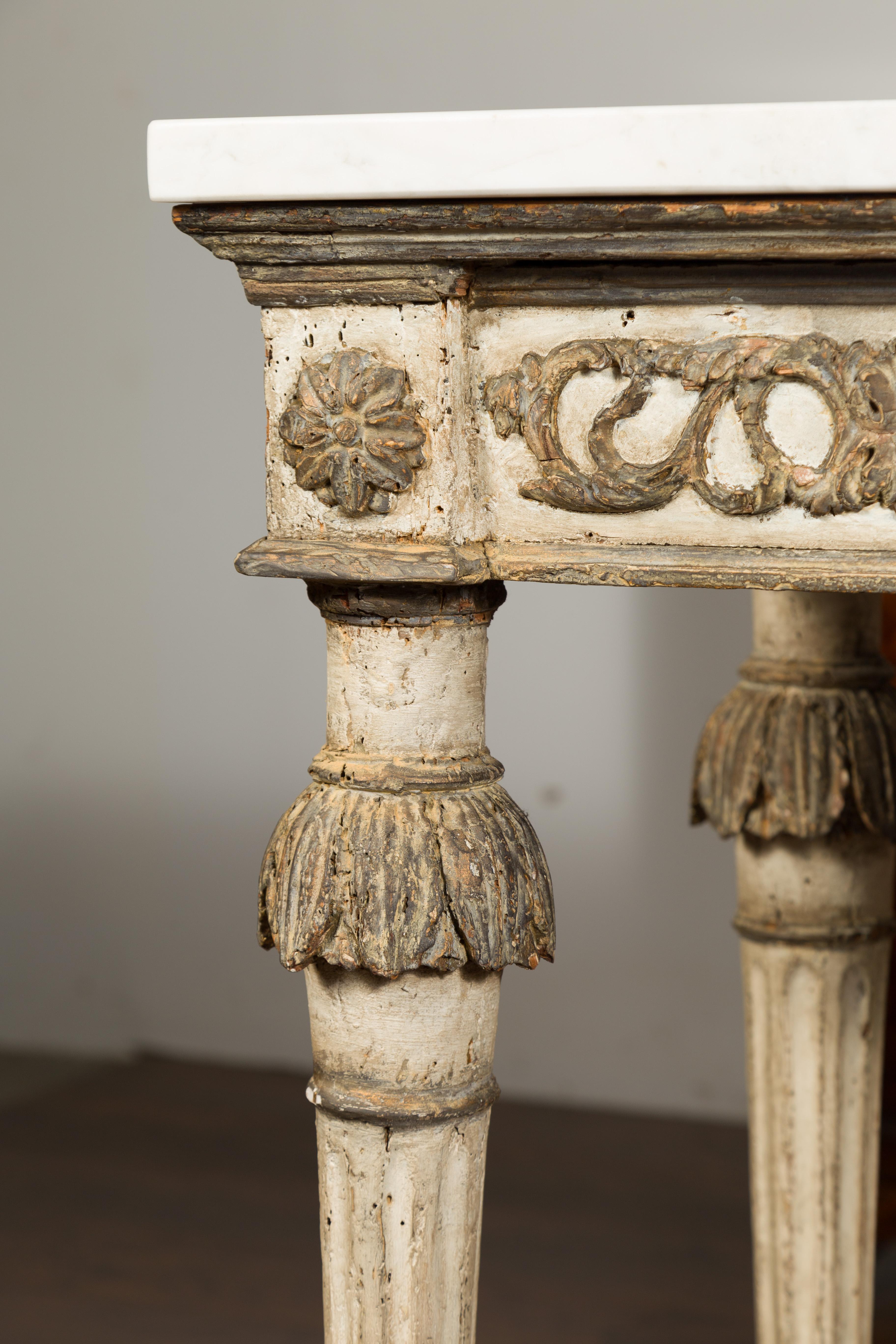 Wood French Neoclassical 1800s Painted and Carved Console Table with White Marble Top