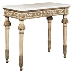 French Neoclassical 1800s Painted and Carved Console Table with White Marble Top