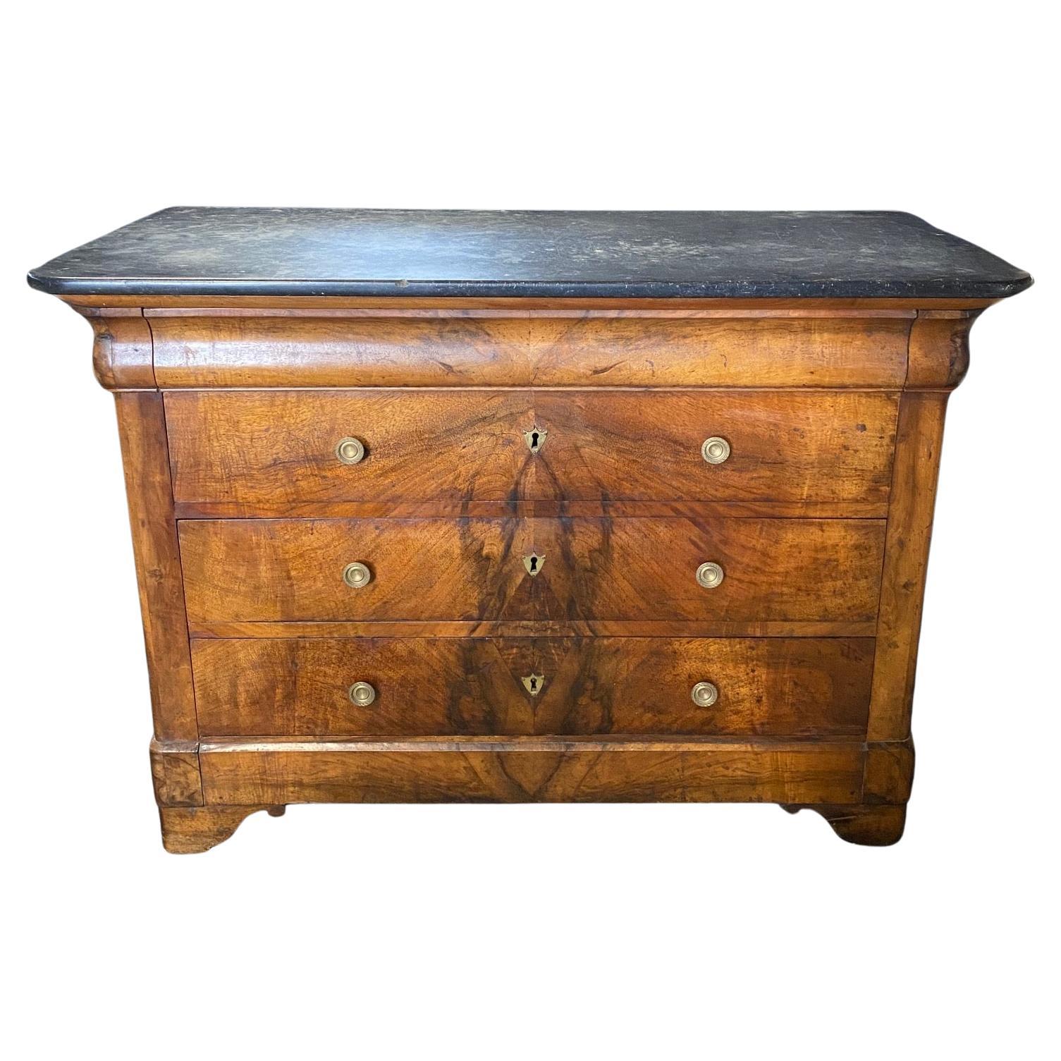  French Neoclassical 19th Century Walnut Marble Top Commode Chest of Drawers