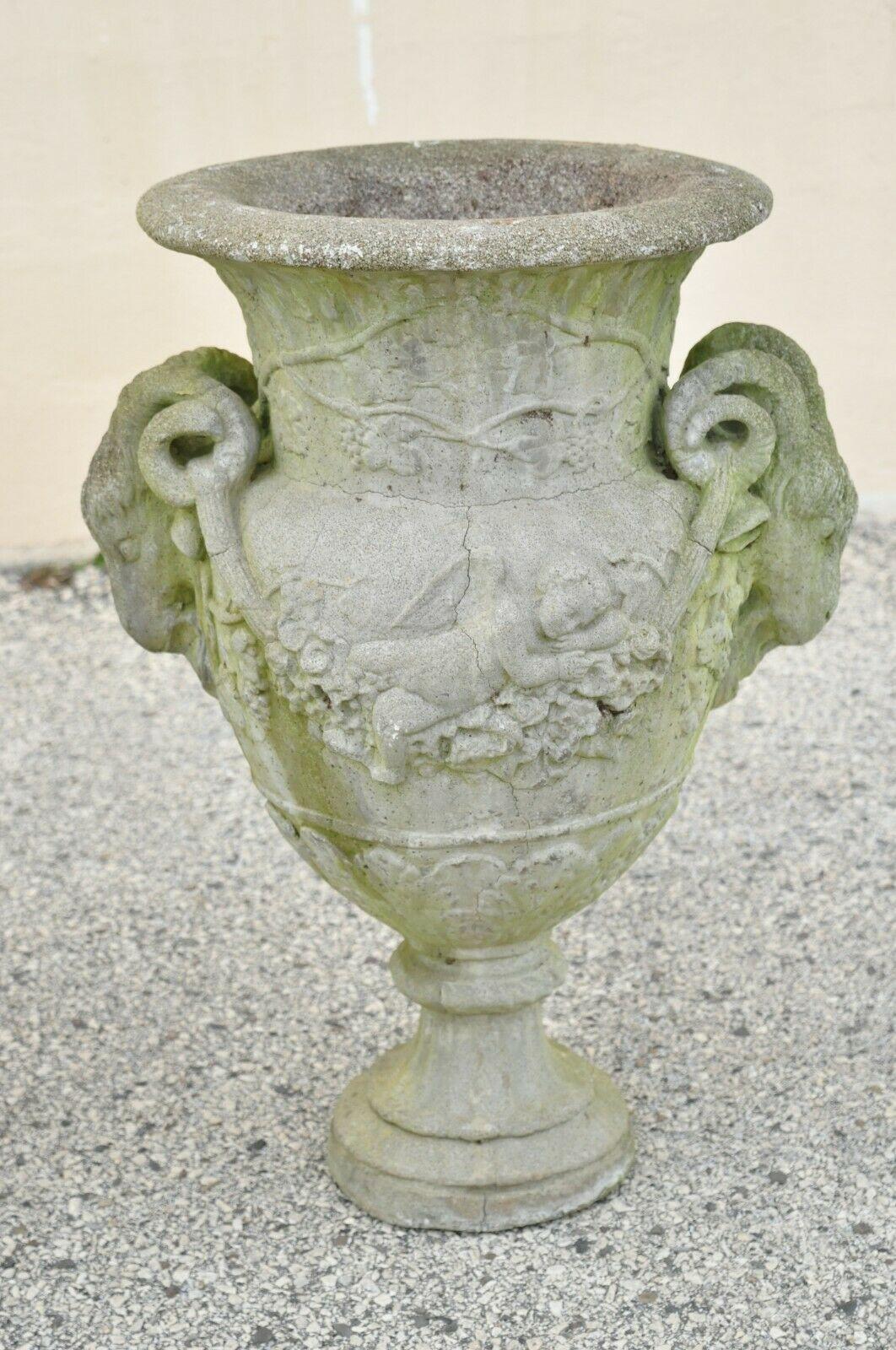 French Neoclassical Concrete Figural Cherub Rams Garden Planters, a Pair In Good Condition For Sale In Philadelphia, PA