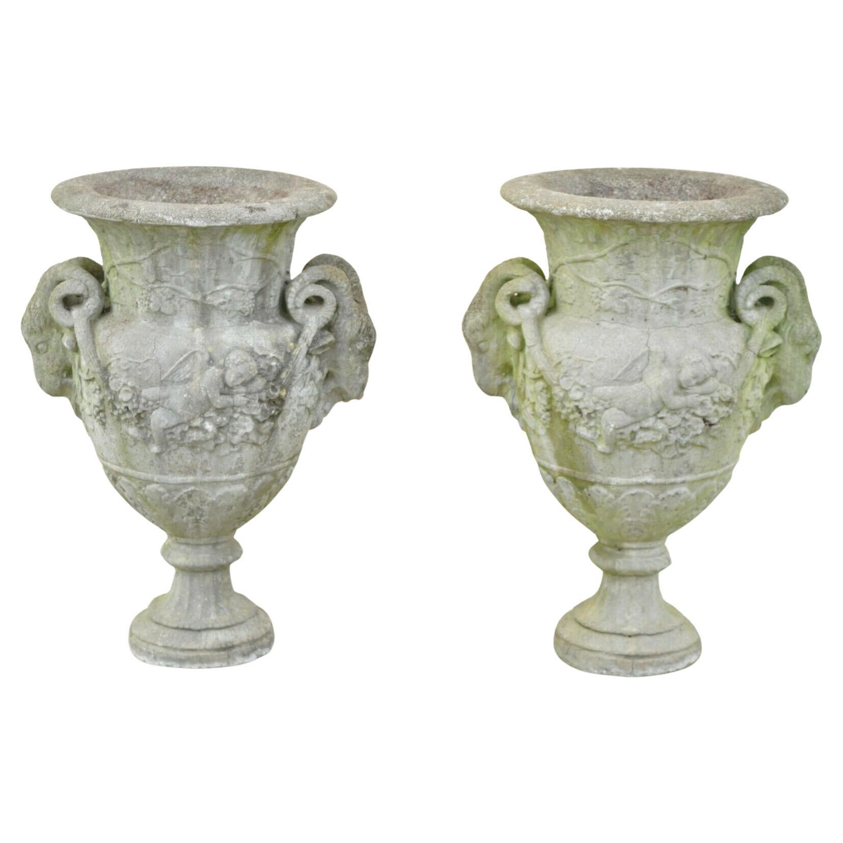 French Neoclassical Concrete Figural Cherub Rams Garden Planters, a Pair For Sale