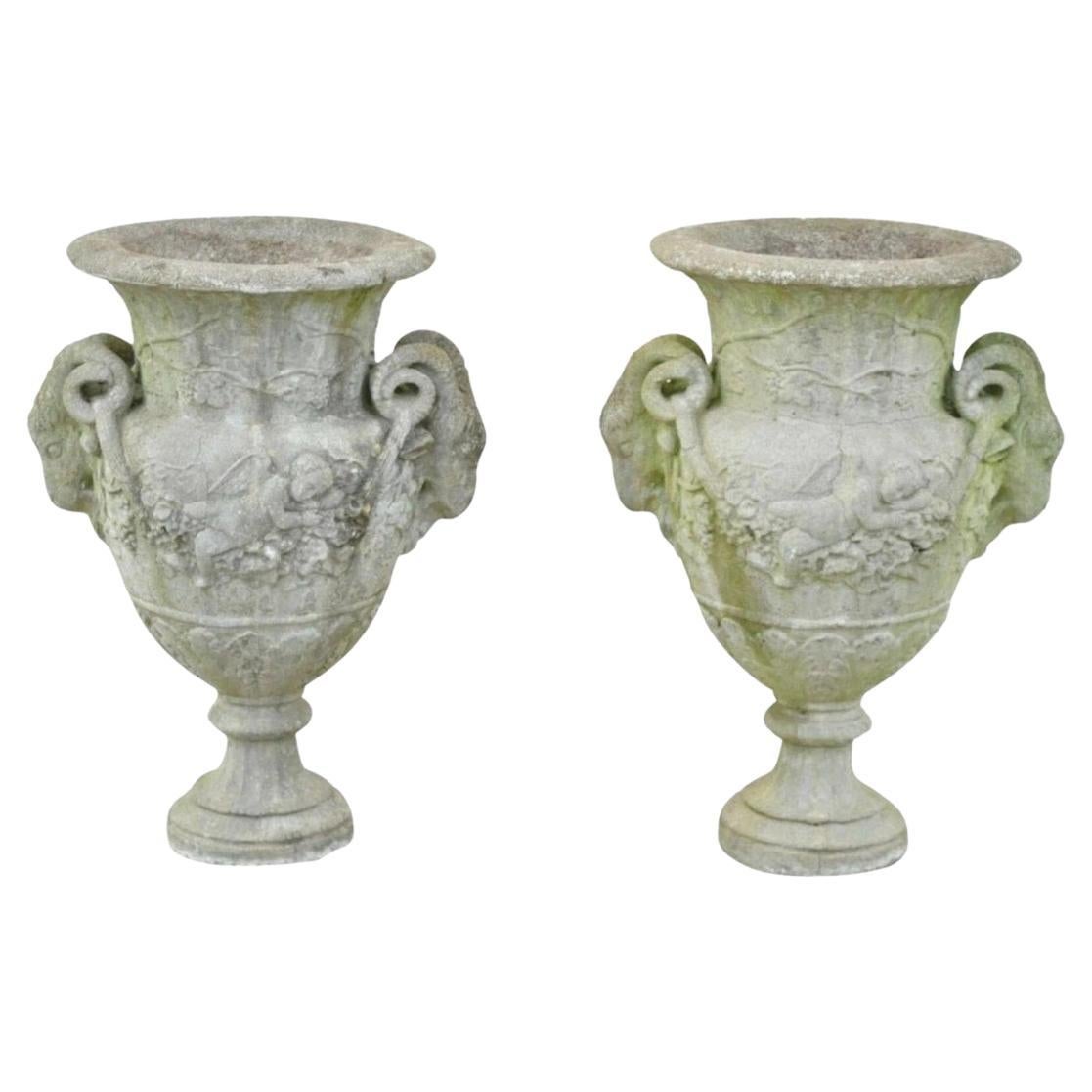 French Neoclassical 28" Concrete Figural Cherub Rams Garden Planters - a Pair
