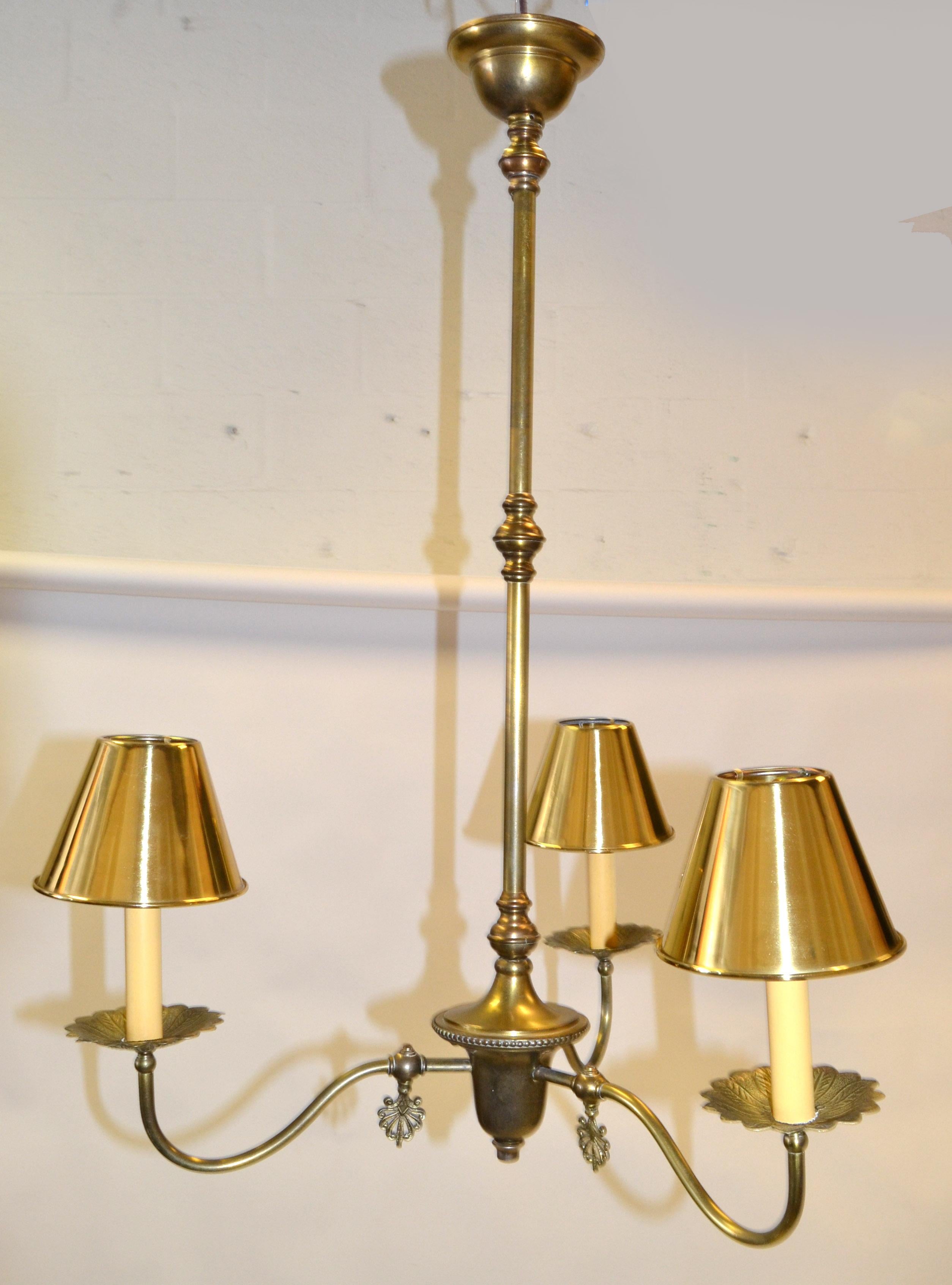 French Neoclassical 3 Arm Pendant Light Chandelier with Brass Clip-On Shades 50s For Sale 7