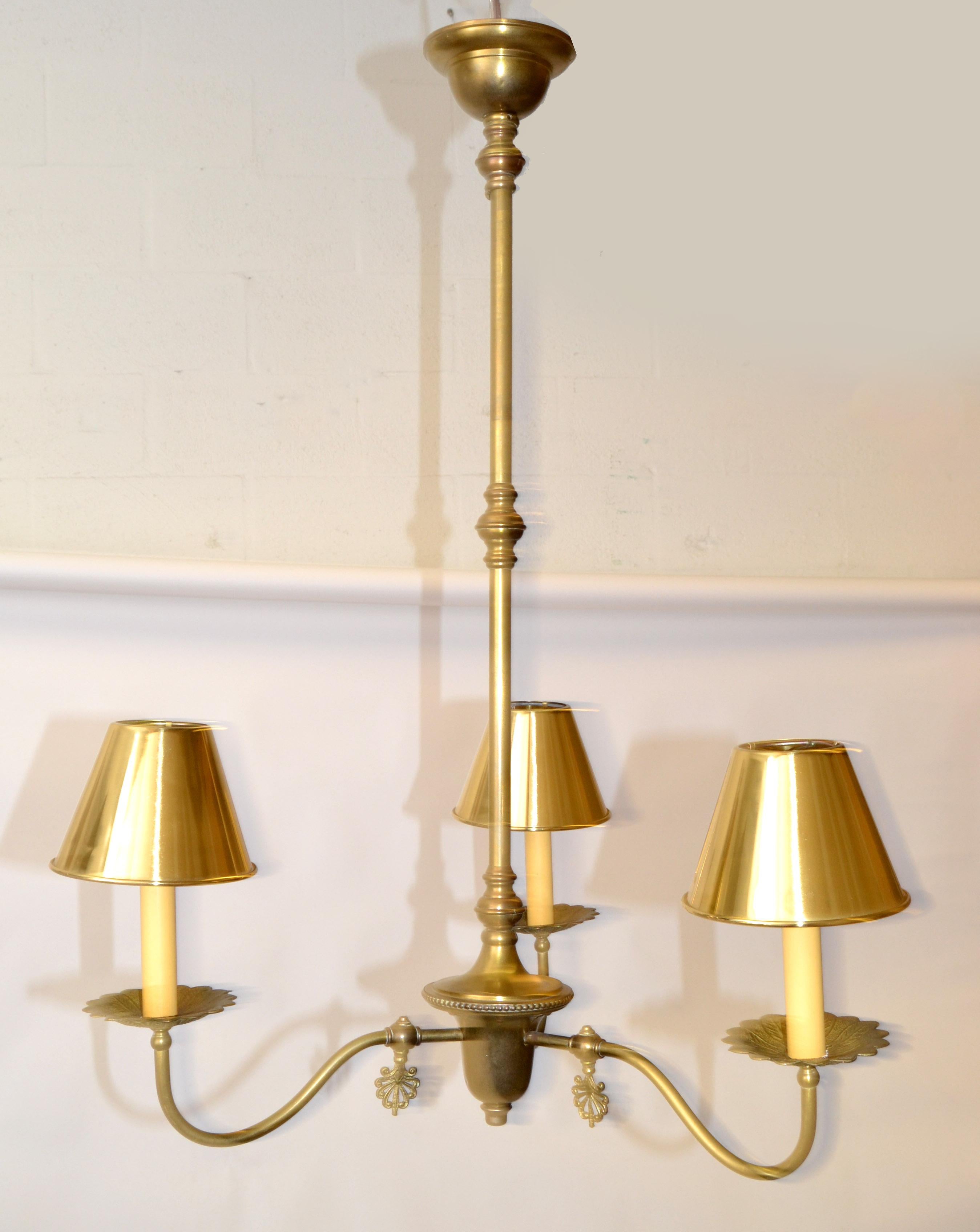 French Neoclassical 3 Arm Pendant Light Chandelier with Brass Clip-On Shades 50s For Sale 8