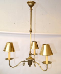 French Neoclassical 3 Arm Pendant Light Chandelier with Brass Clip-On Shades 50s