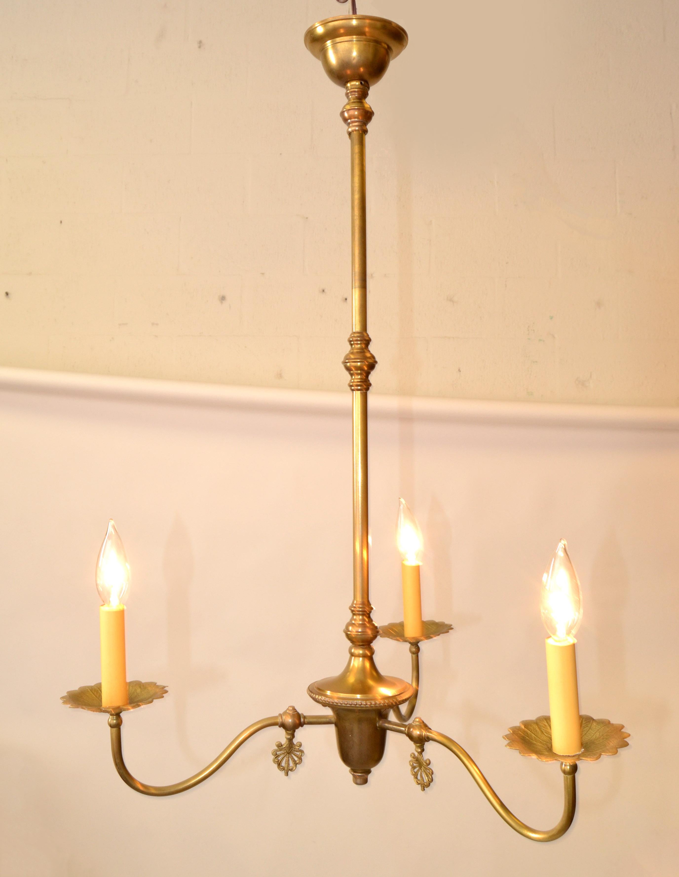 Hand-Crafted French Neoclassical 3 Arm Pendant Light Chandelier with Brass Clip-On Shades 50s For Sale