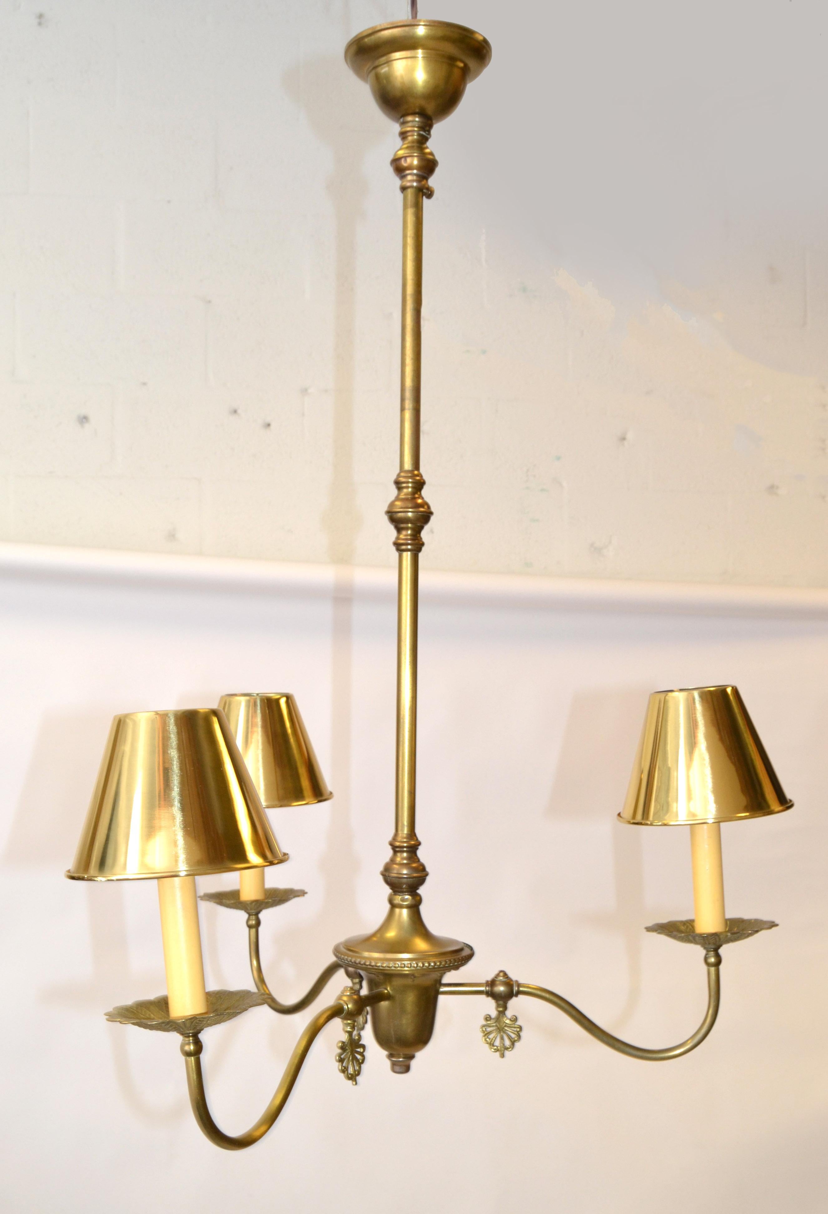 French Neoclassical 3 Arm Pendant Light Chandelier with Brass Clip-On Shades 50s In Good Condition For Sale In Miami, FL