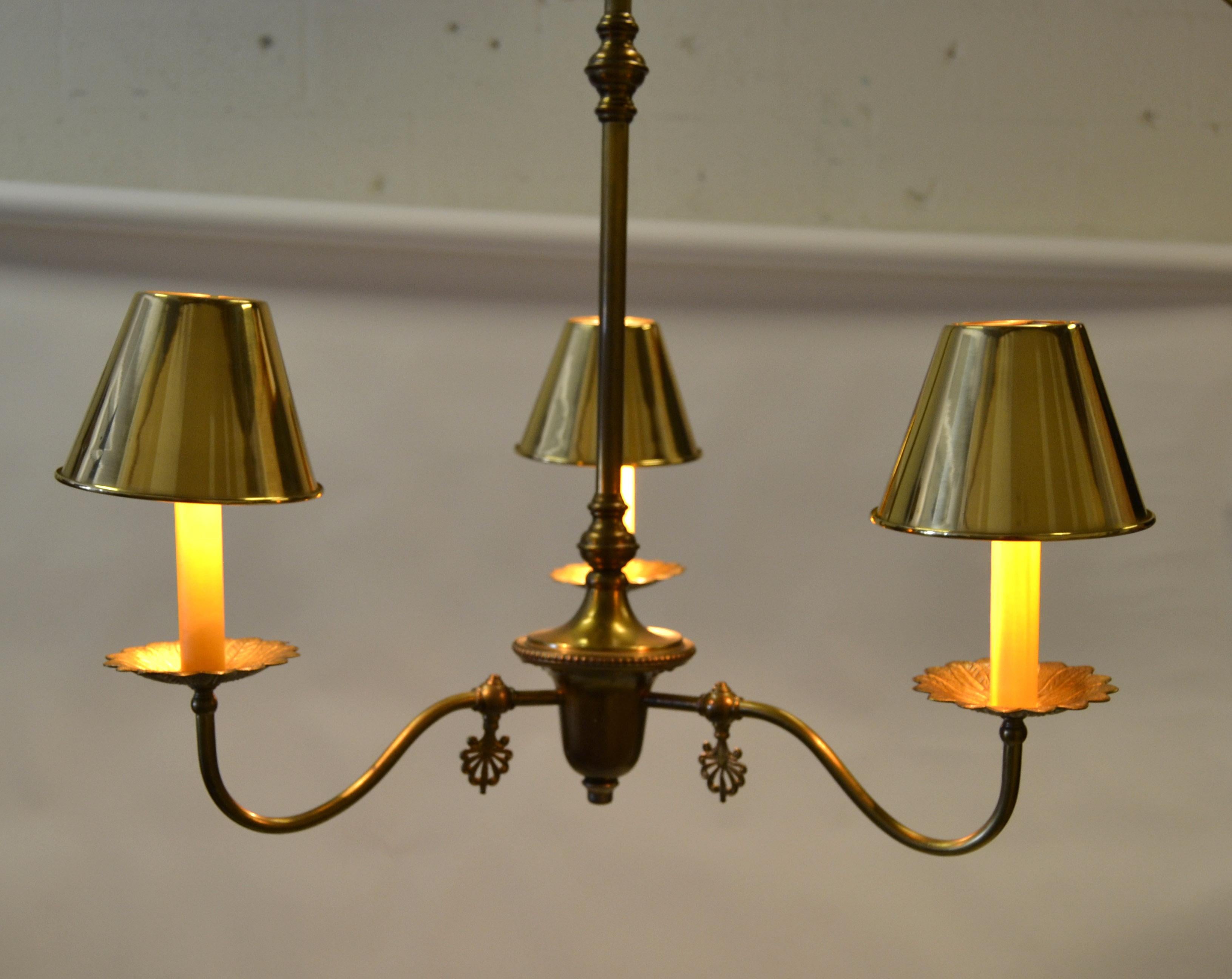 Mid-20th Century French Neoclassical 3 Arm Pendant Light Chandelier with Brass Clip-On Shades 50s For Sale