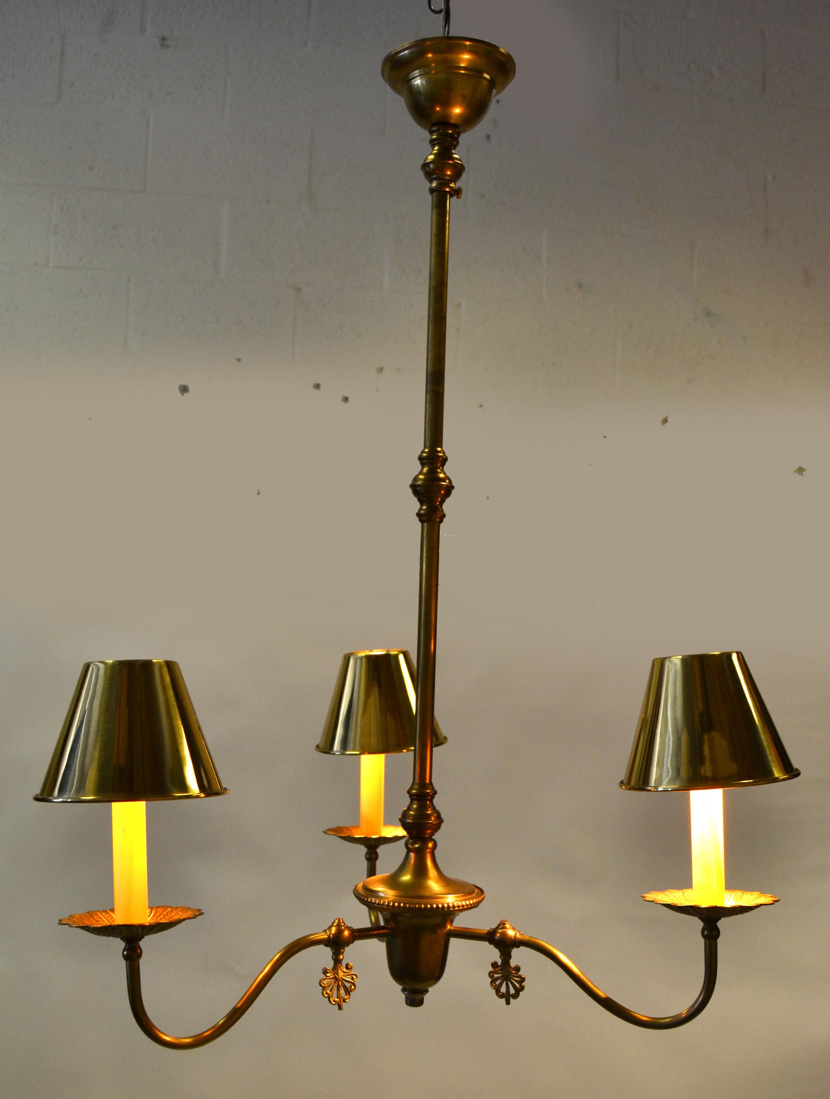 French Neoclassical 3 Arm Pendant Light Chandelier with Brass Clip-On Shades 50s For Sale 1