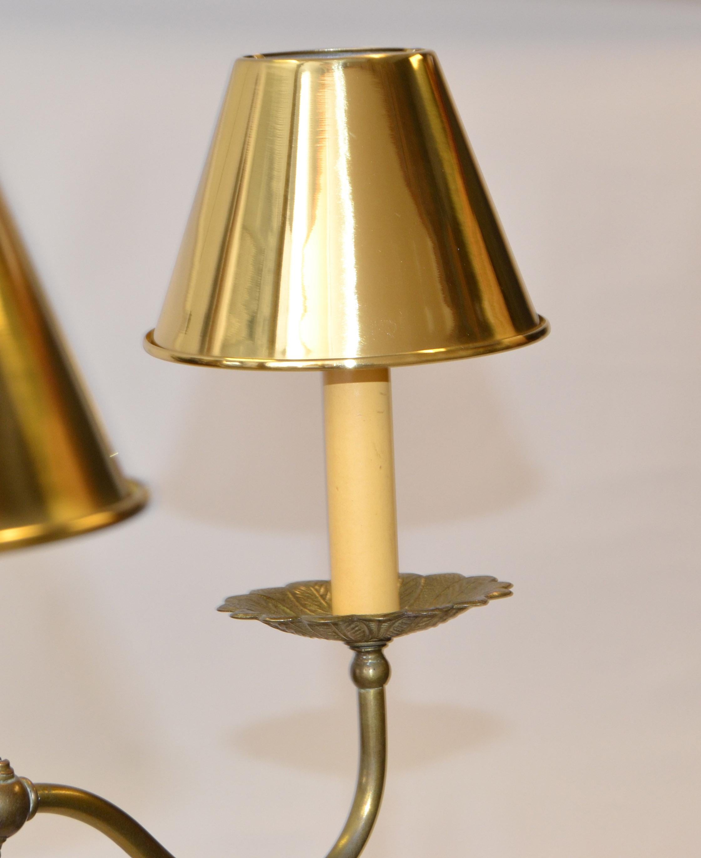 French Neoclassical 3 Arm Pendant Light Chandelier with Brass Clip-On Shades 50s For Sale 2