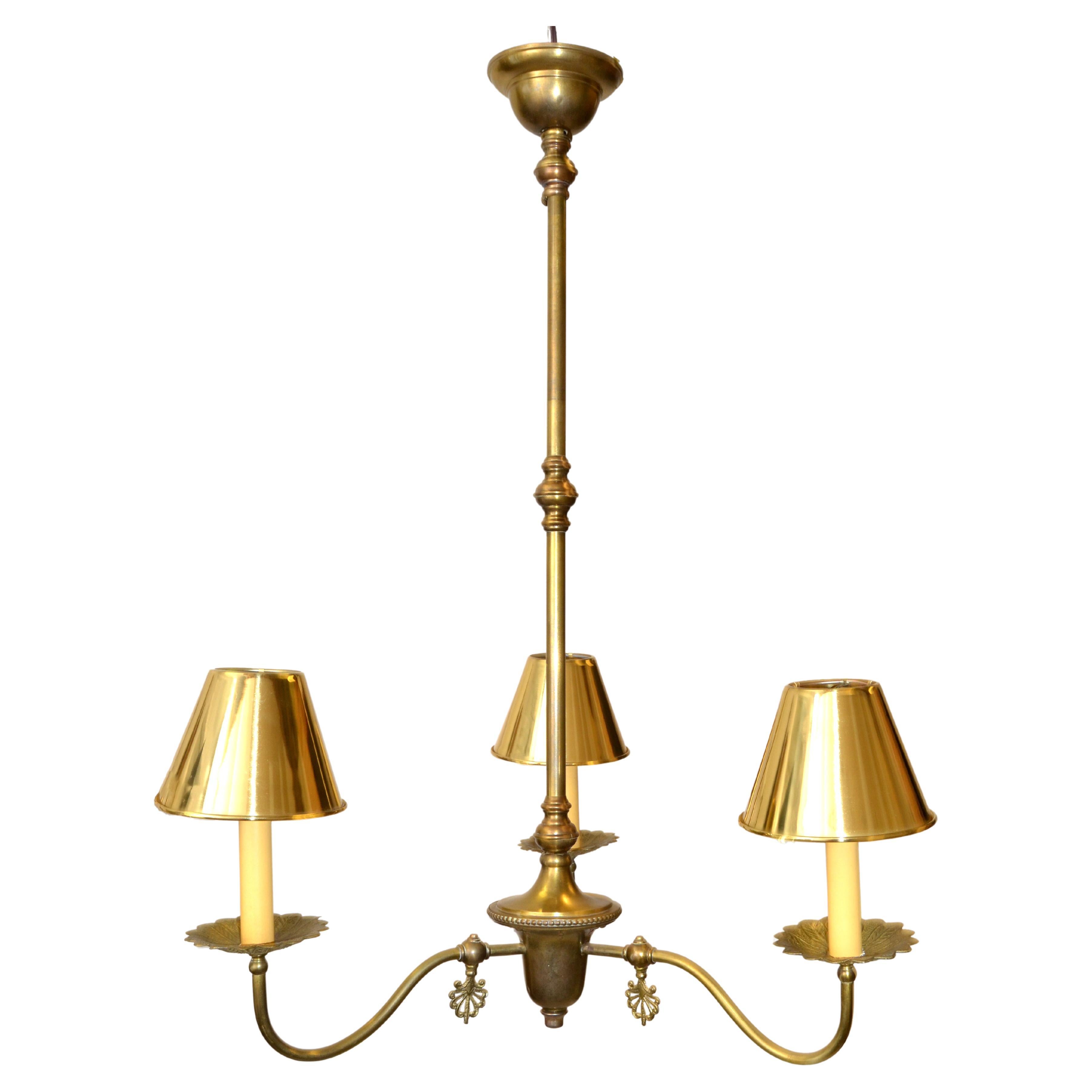 French Neoclassical 3 Arm Pendant Light Chandelier with Brass Clip-On Shades 50s For Sale
