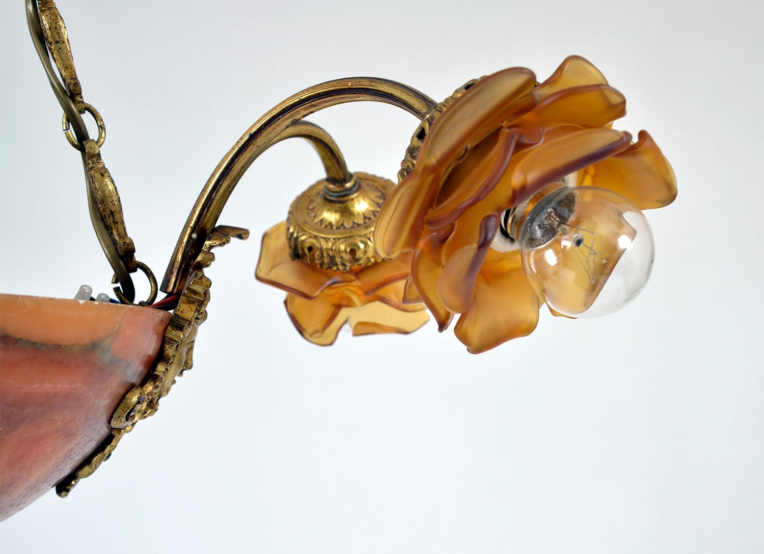 French Neoclassical Alabaster 6-Arm Plafonnier Amber Brass Ormolu Chandelier 8