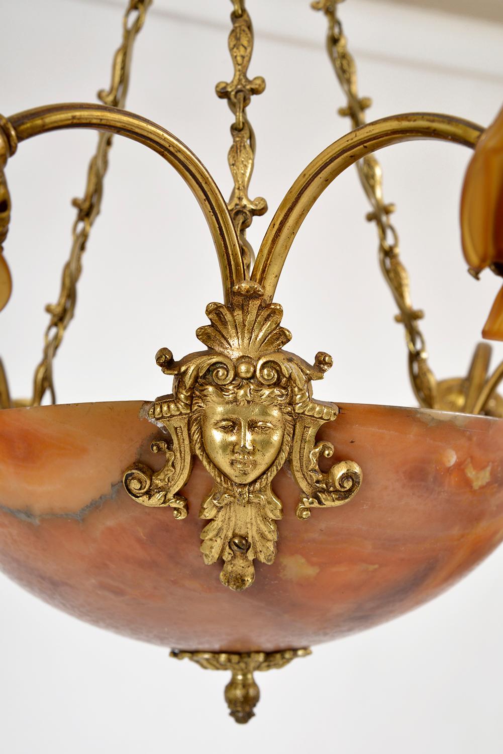 French Neoclassical Alabaster 6-Arm Plafonnier Amber Brass Ormolu Chandelier In Good Condition In Sherborne, Dorset