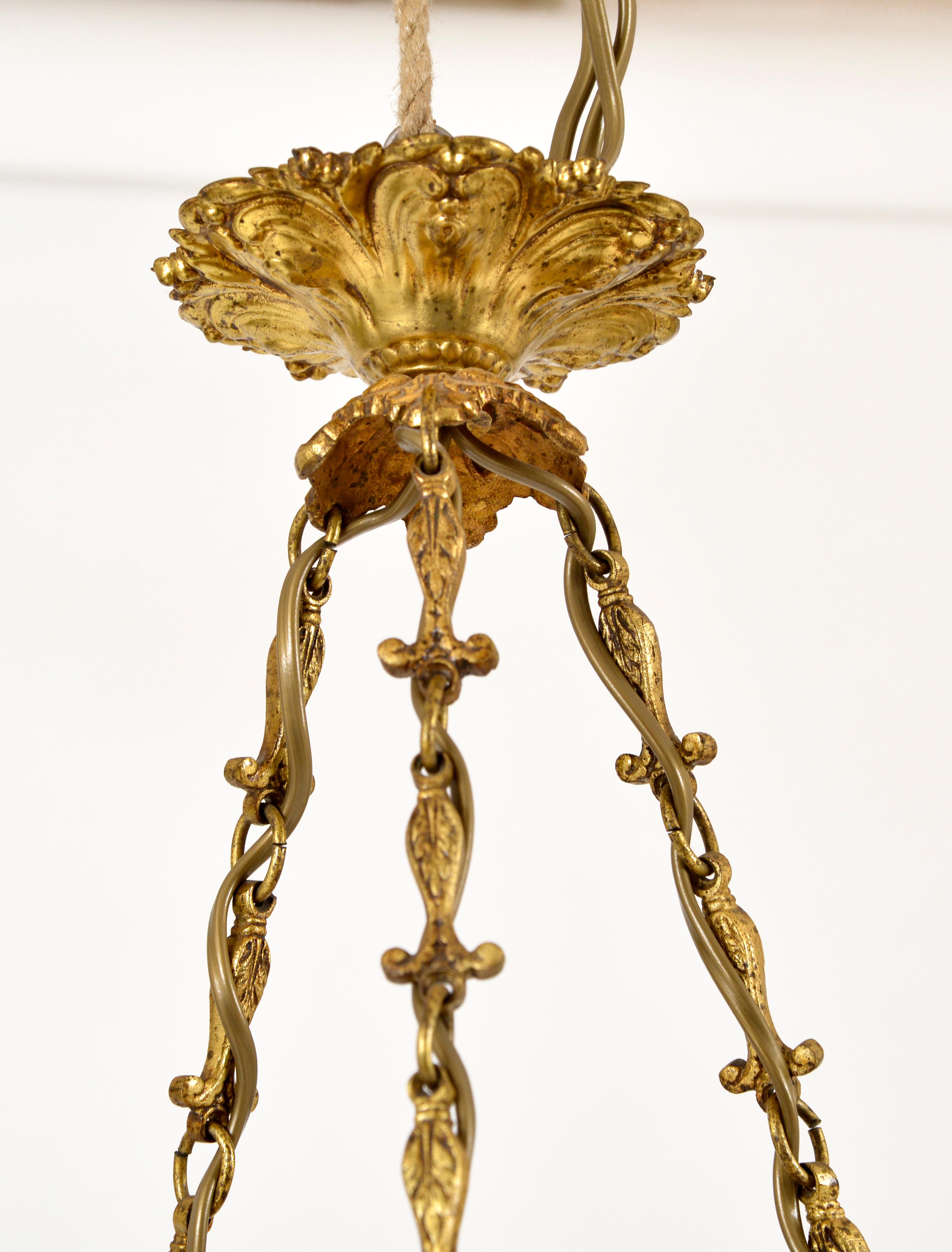 Early 20th Century French Neoclassical Alabaster 6-Arm Plafonnier Amber Brass Ormolu Chandelier