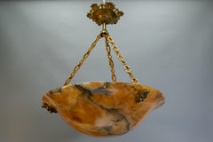 French Neoclassical Amber Alabaster and Bronze Pendant Light, ca. 1900