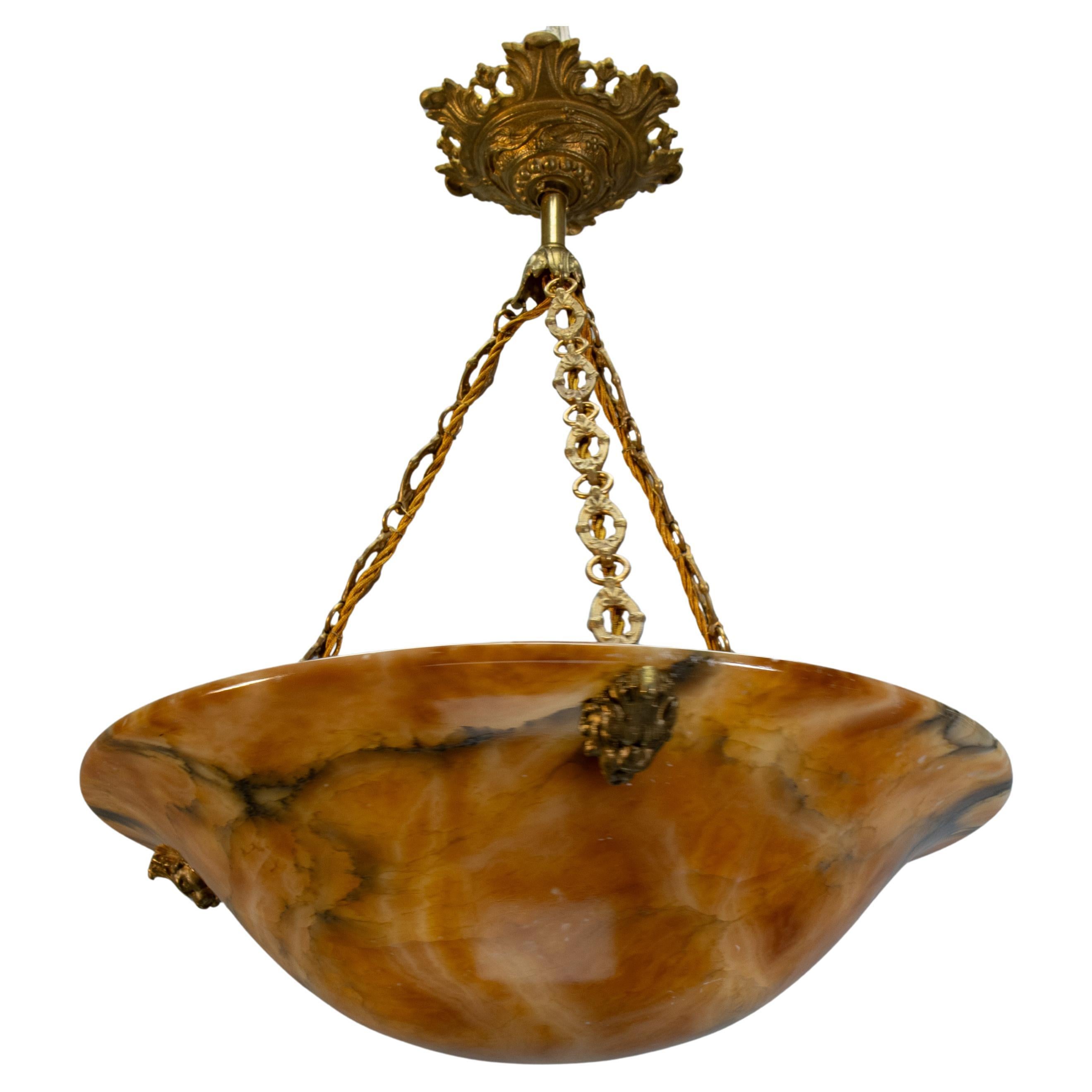French Neoclassical Amber Alabaster and Bronze Pendant Light, ca. 1900 For Sale