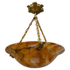 French Neoclassical Amber Alabaster and Bronze Pendant Light, ca. 1900