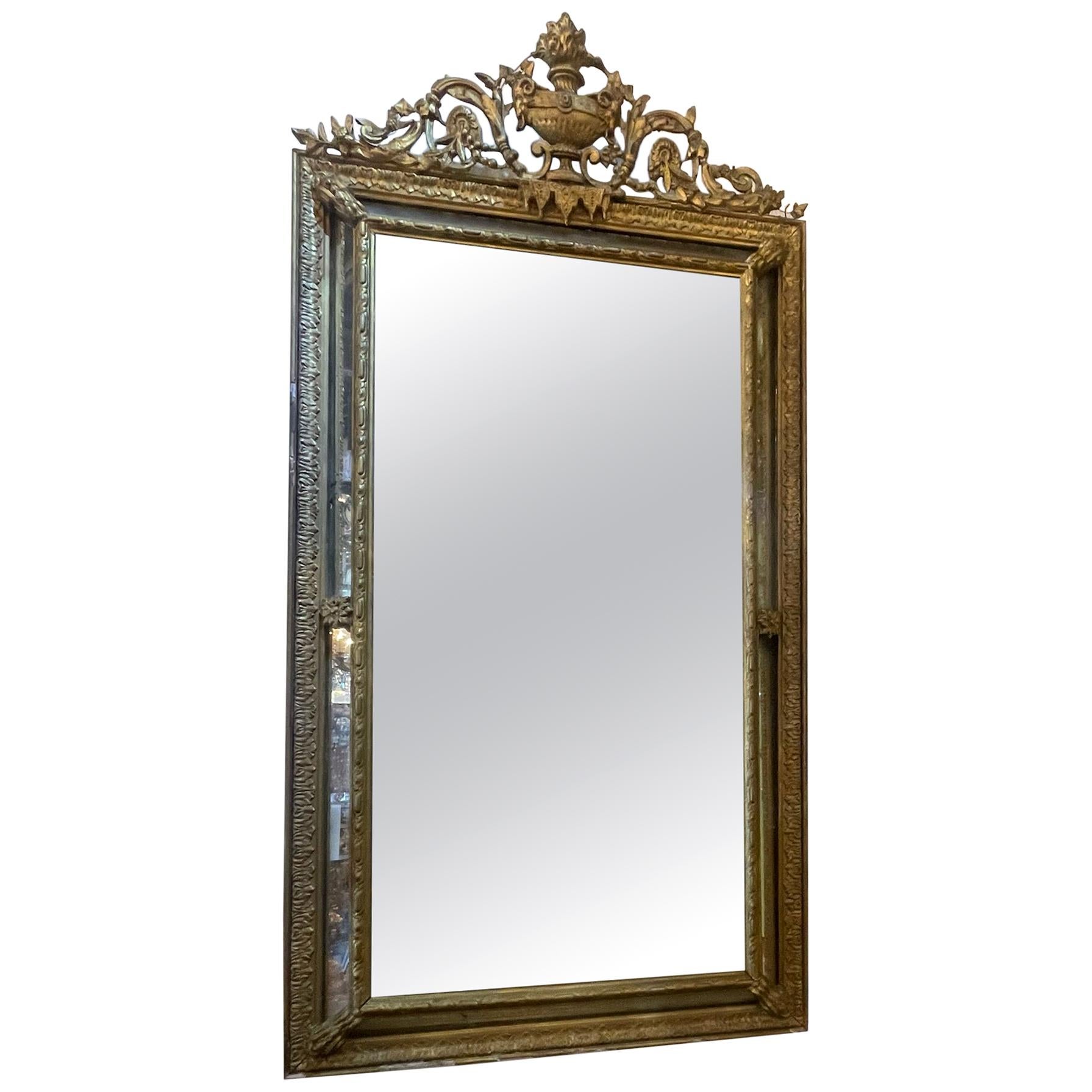 French Neoclassical Antique 19th Century Gilt Gold Cushion Mirror For Sale