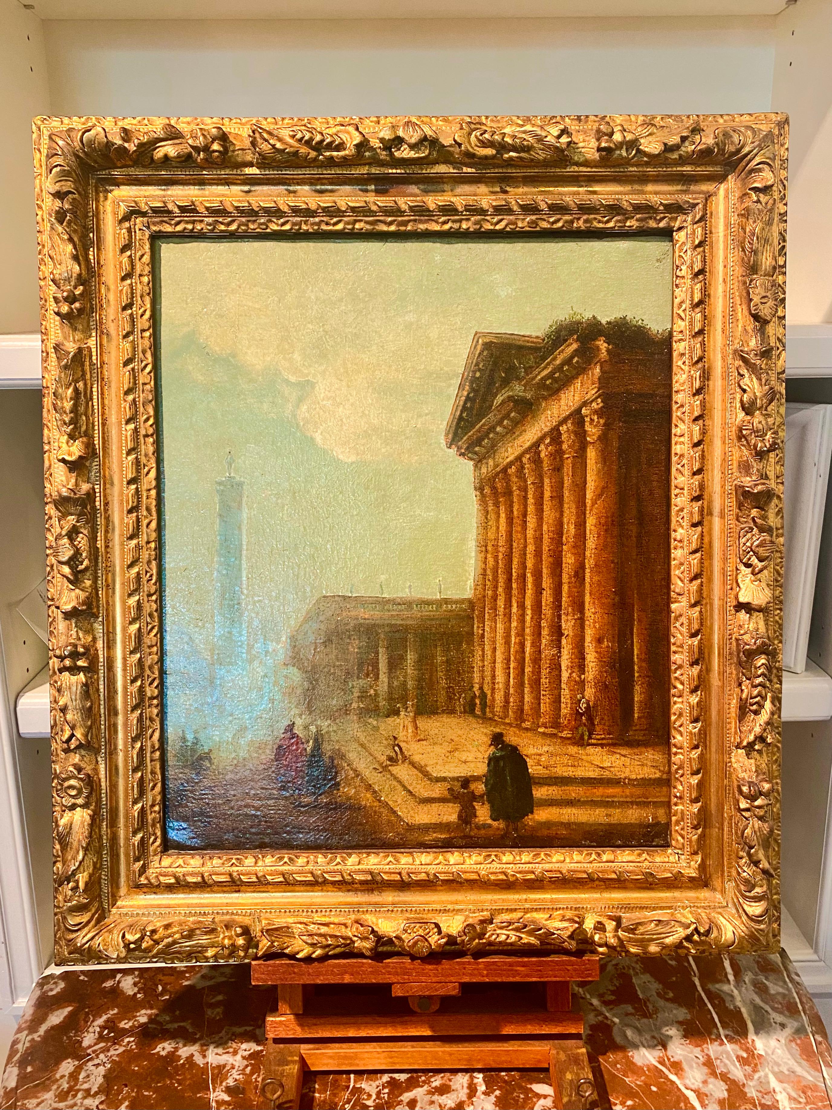 French neoclassical Architectural landscape, oil on canvas

In the manner of the Grand Tour, exceptionnal, glowing painting. 

Beautiful size, scale and quality of the subject and of the painting. 

The subjects' clothing and demeanor hint of