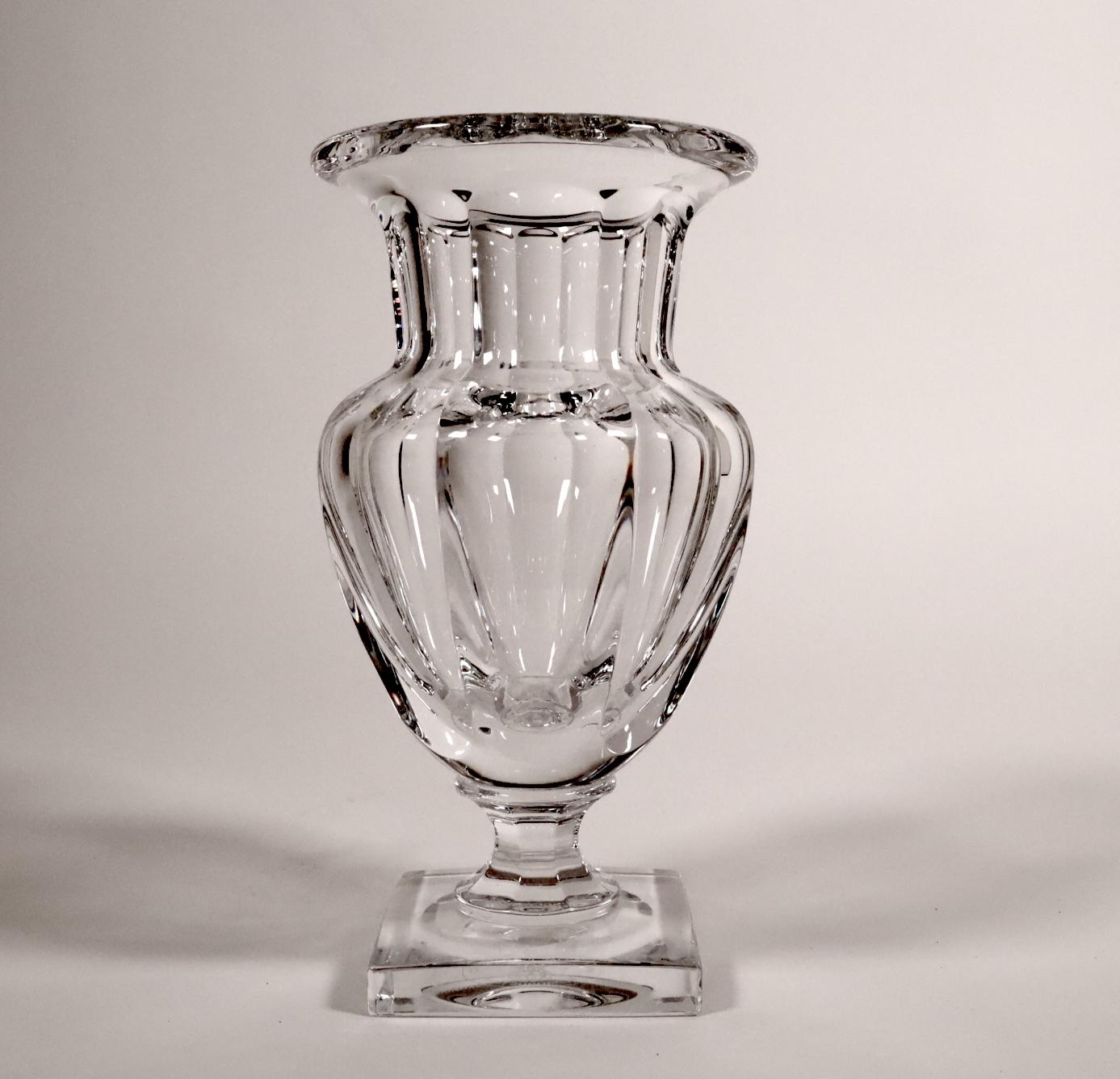 Last chance clearance sale.  A neoclassical Baccarat crystal baluster vase, from the Harcourt series, designed 1821-1840. This is an authorized reproduction from the Musee des Cristalleries, Baccarat, France. See circular etched stamp on bottom.