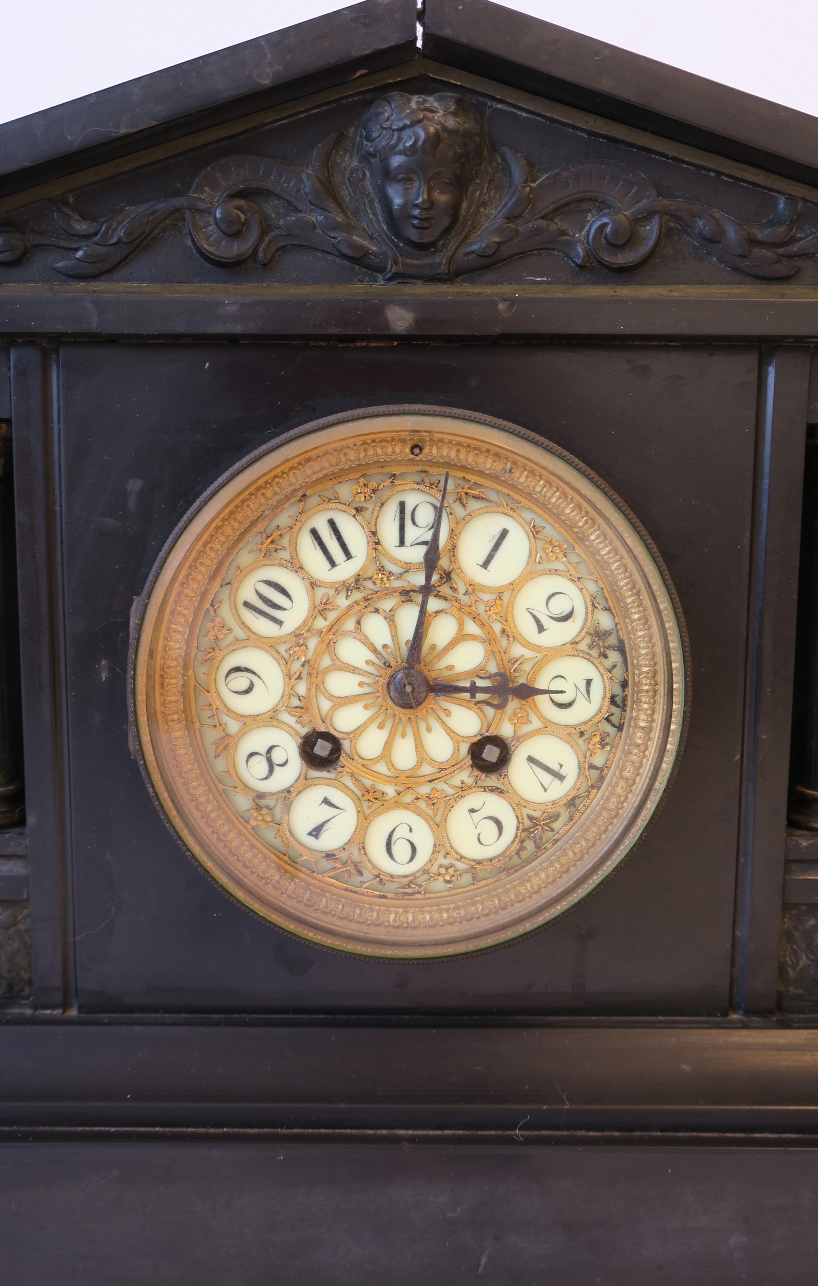 French Neoclassical Black Slate and Gold Gilt Mantel Clock 4