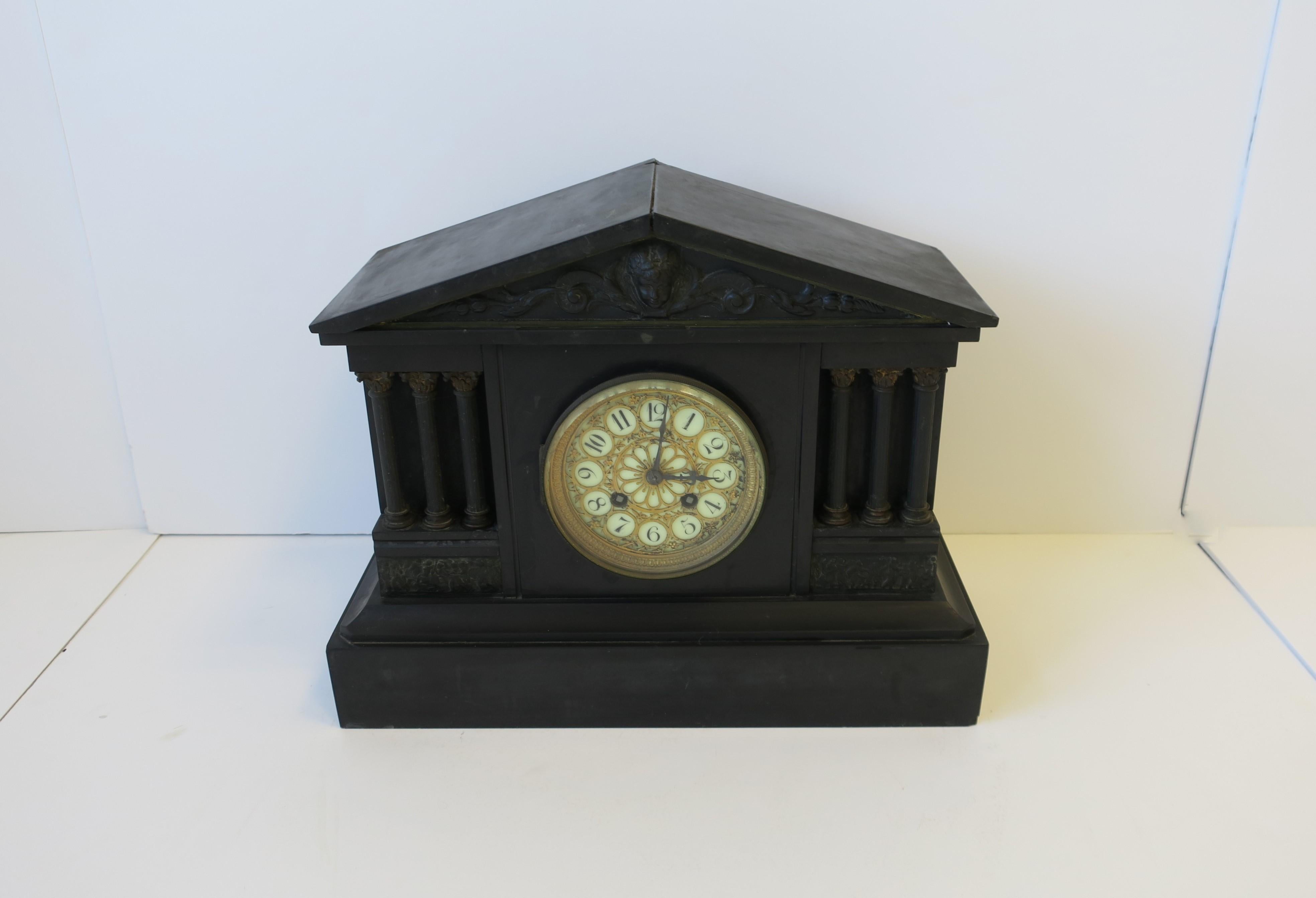 Bronze French Neoclassical Black Slate and Gold Gilt Mantel Clock