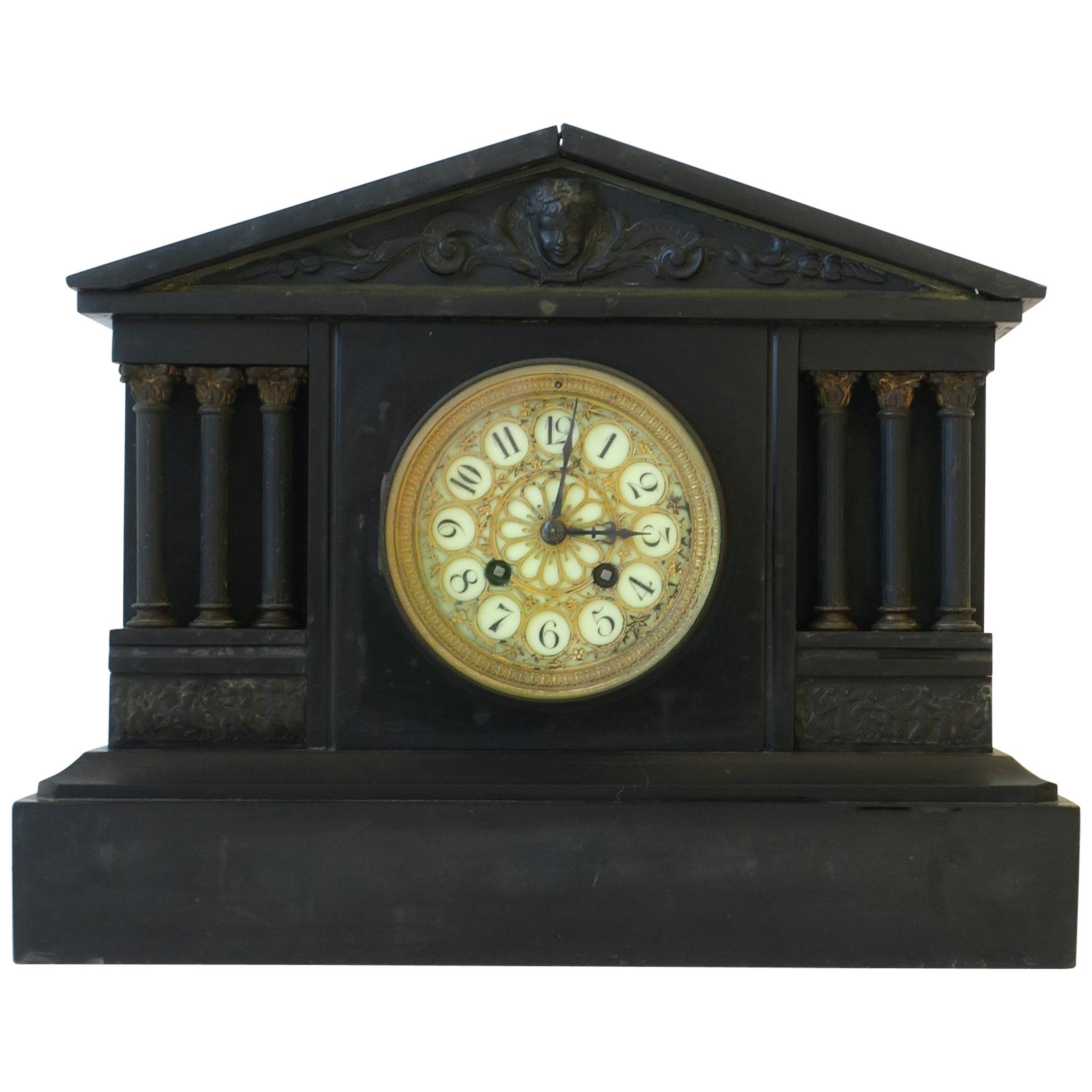 French Neoclassical Black Slate and Gold Gilt Mantel Clock