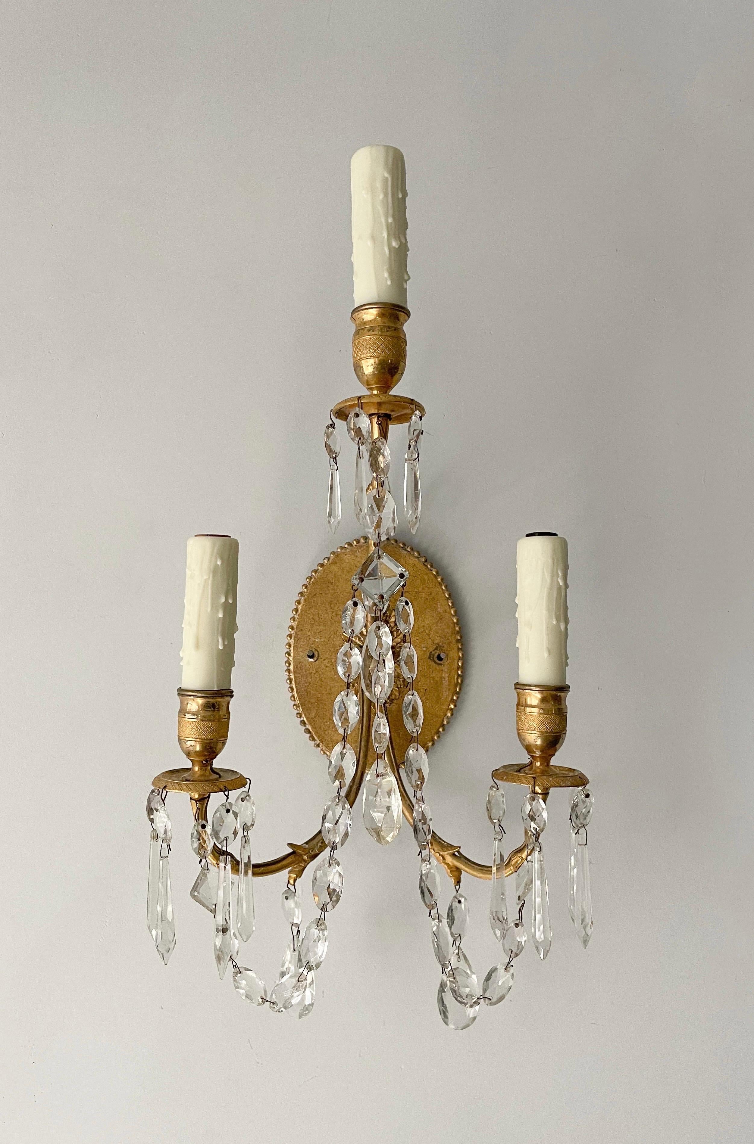 French Neoclassical Brass and Crystal Sconces In Good Condition In Los Angeles, CA