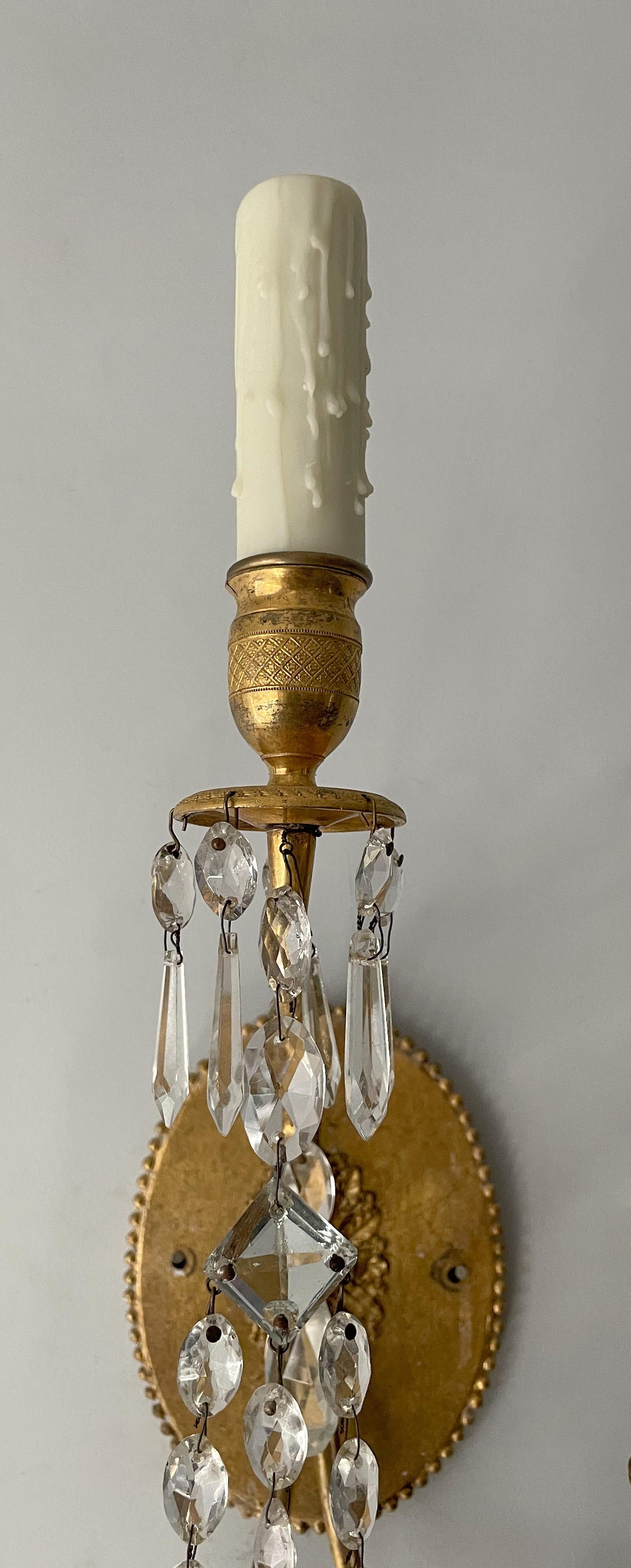 Mid-20th Century French Neoclassical Brass and Crystal Sconces