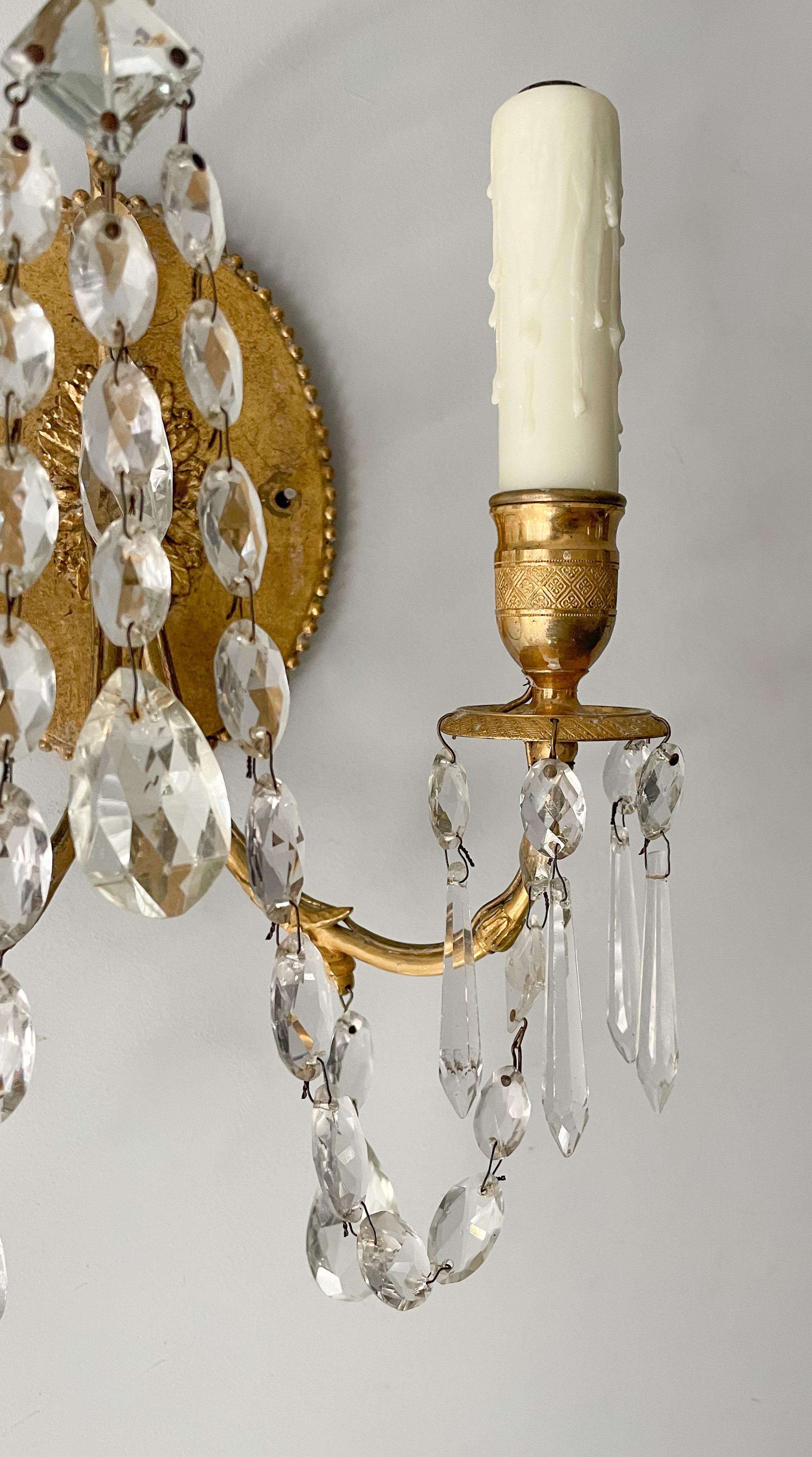 French Neoclassical Brass and Crystal Sconces 1