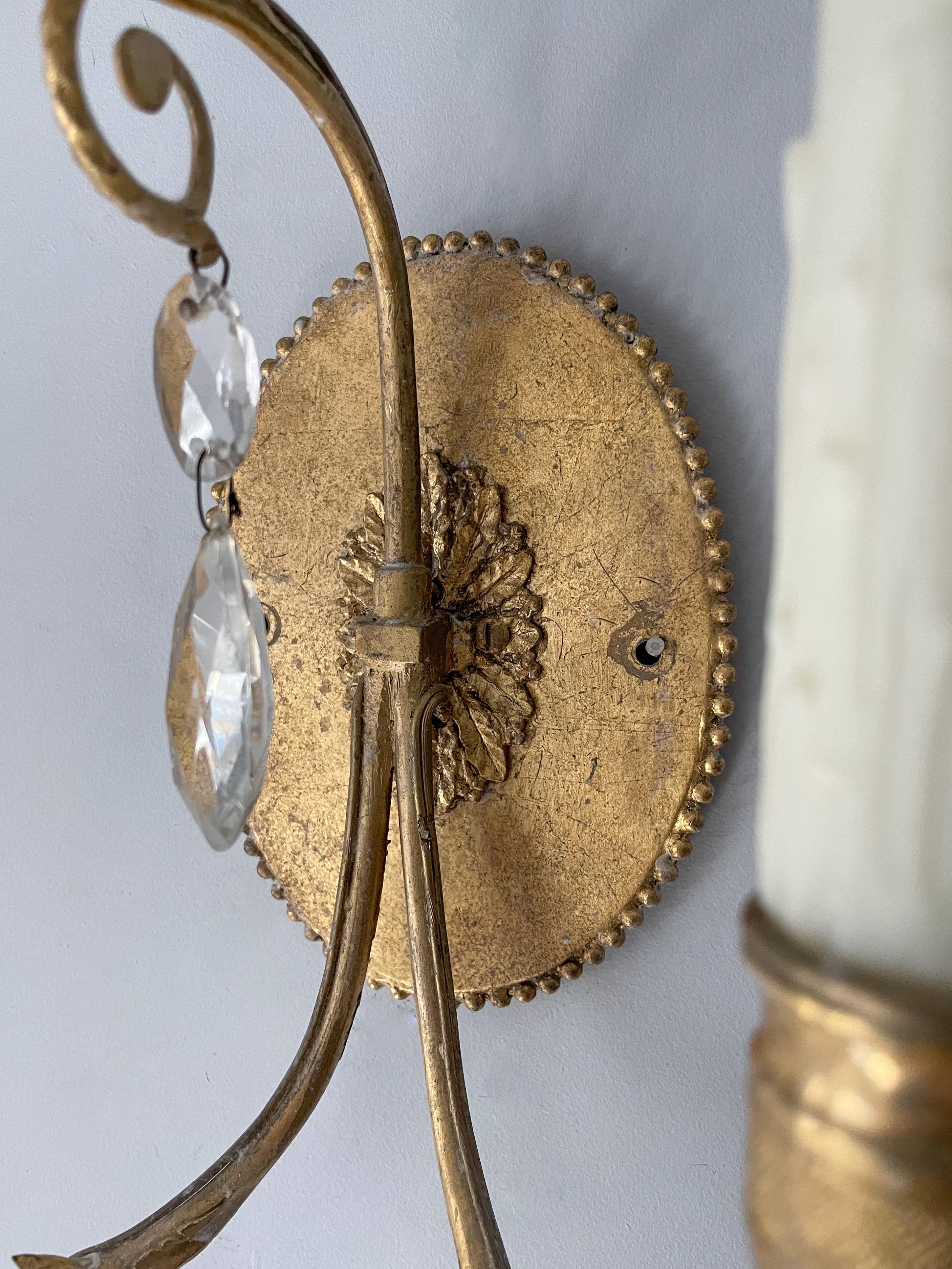 French Neoclassical Brass and Crystal Sconces 2