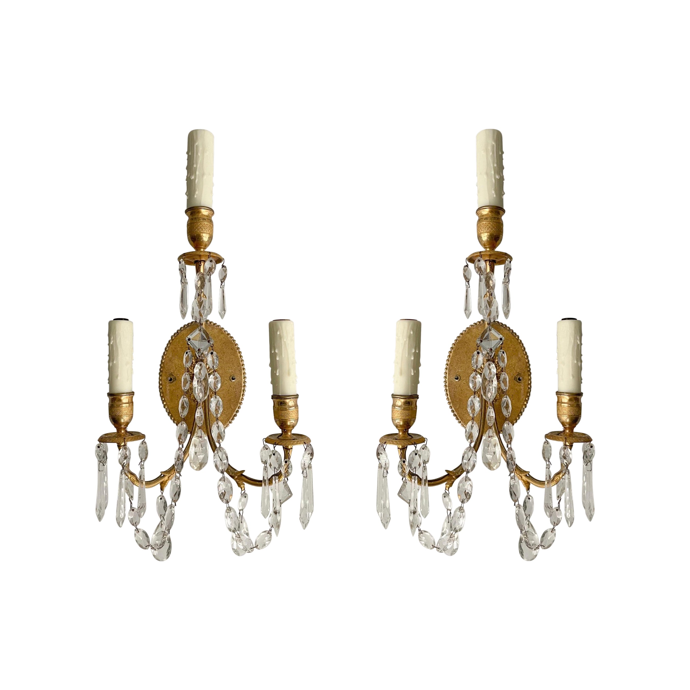 French Neoclassical Brass and Crystal Sconces
